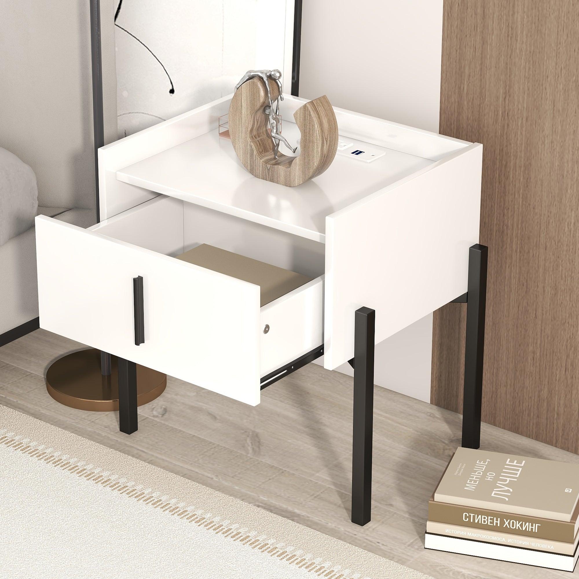 Nightstand with Drawer ,Storage Bedside Table with USB Charging Ports- White