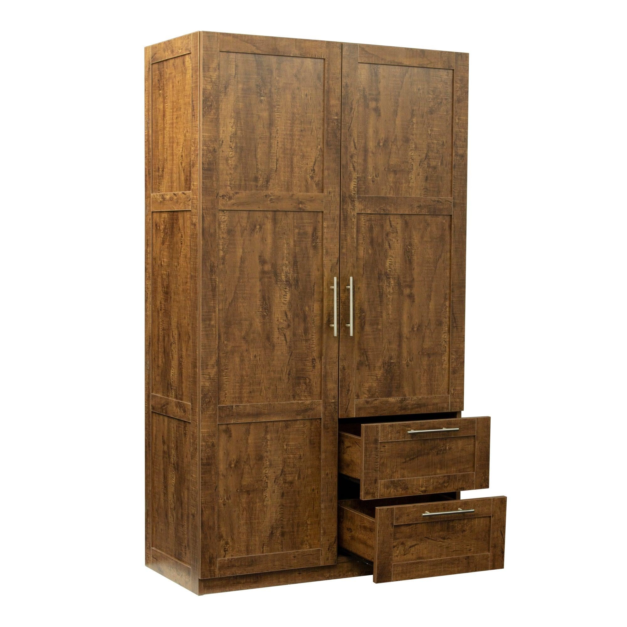 High wardrobe and kitchen cabinet with 2 doors, 2 drawers and 5Storage spaces,walnut