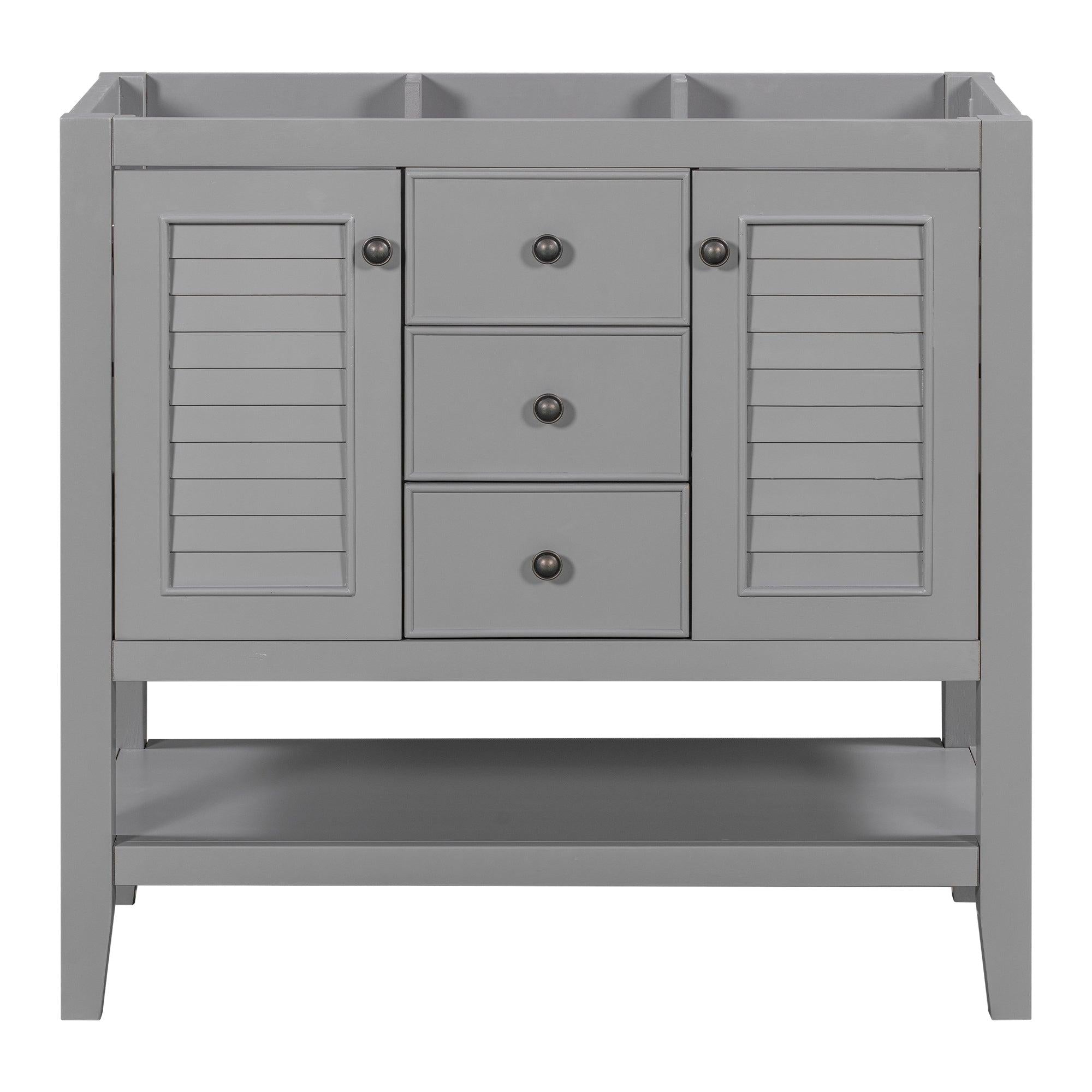 36" Bathroom Vanity without Sink, Cabinet Base Only, Two Cabinets and Drawers, Open Shelf, Solid Wood Frame, Grey