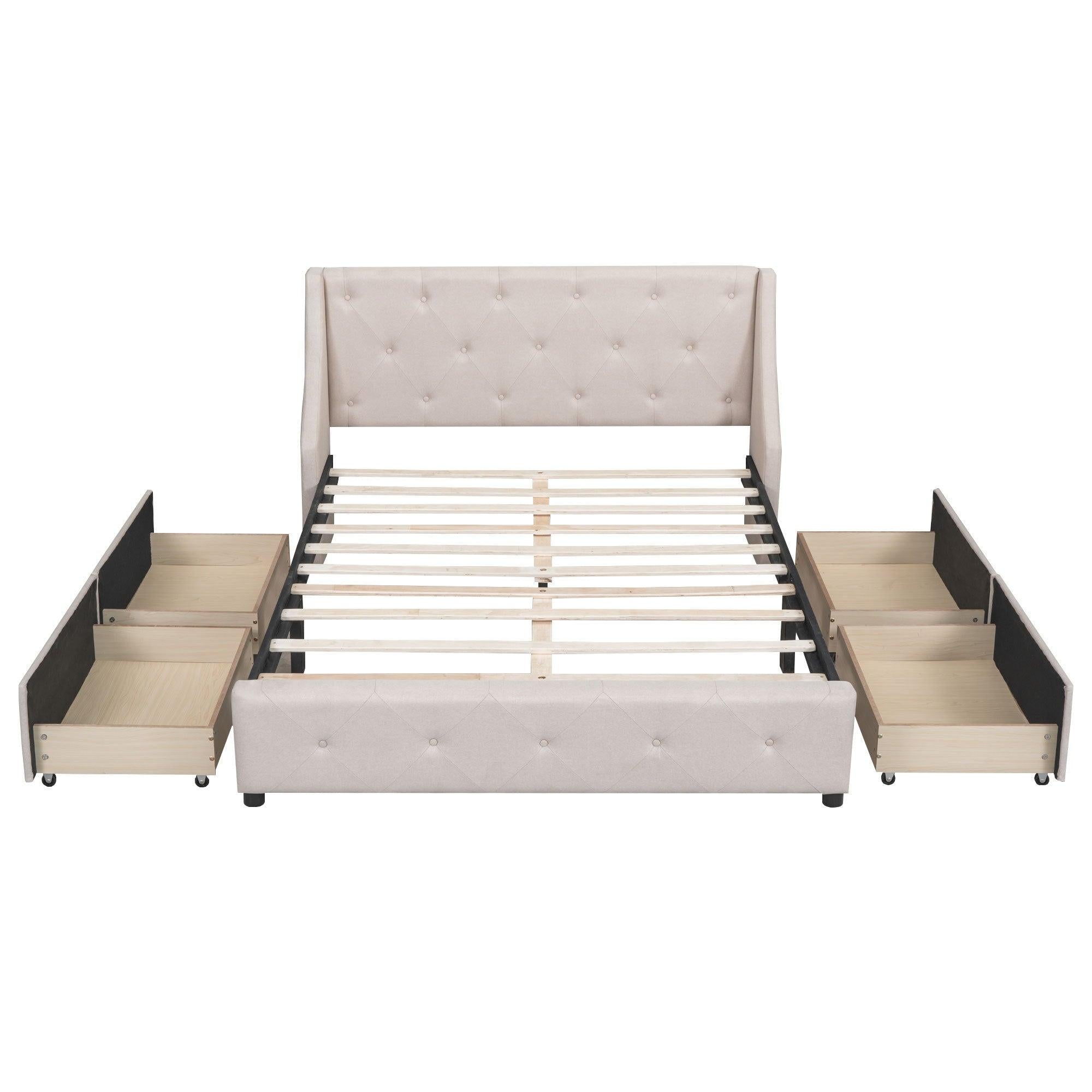 Upholstered Platform Bed with Wingback Tufted Headboard and 4 Drawers, No Box Spring Needed, Linen Fabric, Queen Size Beige