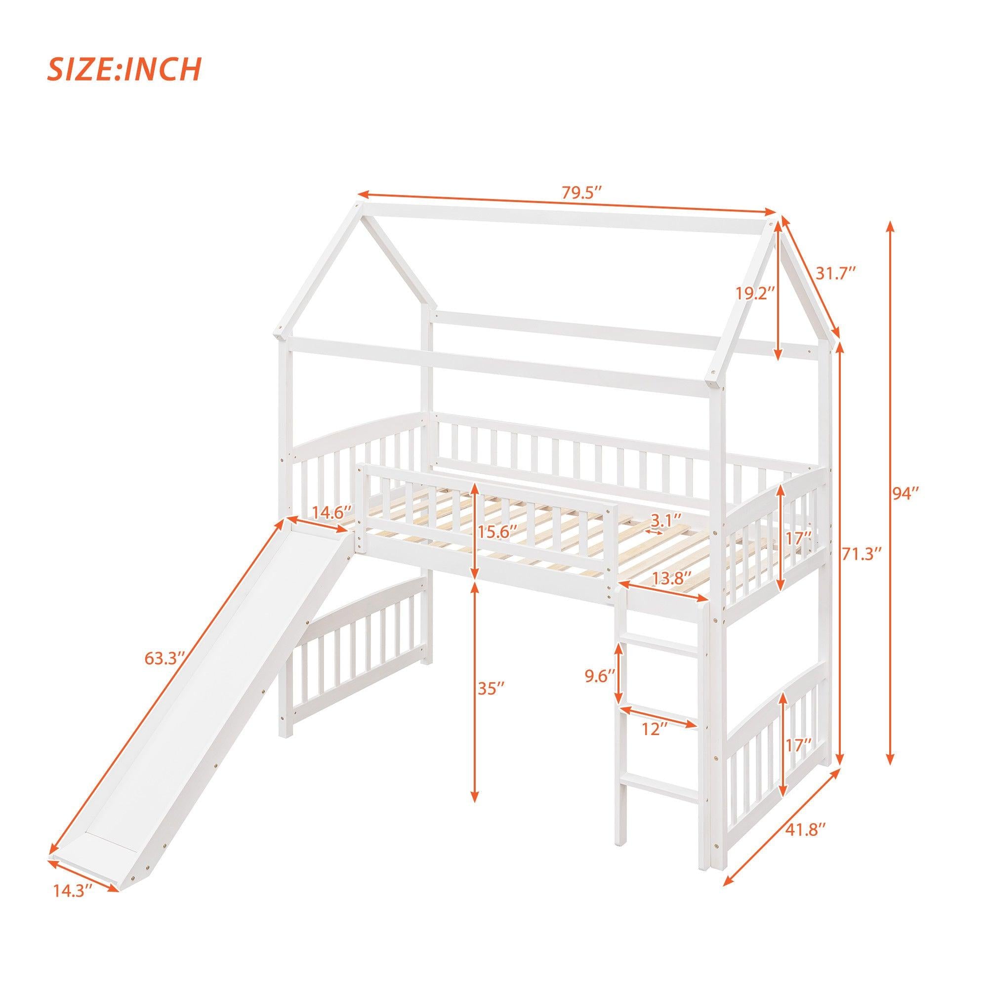 Twin Loft Bed with Slide, House Bed with Slide,White