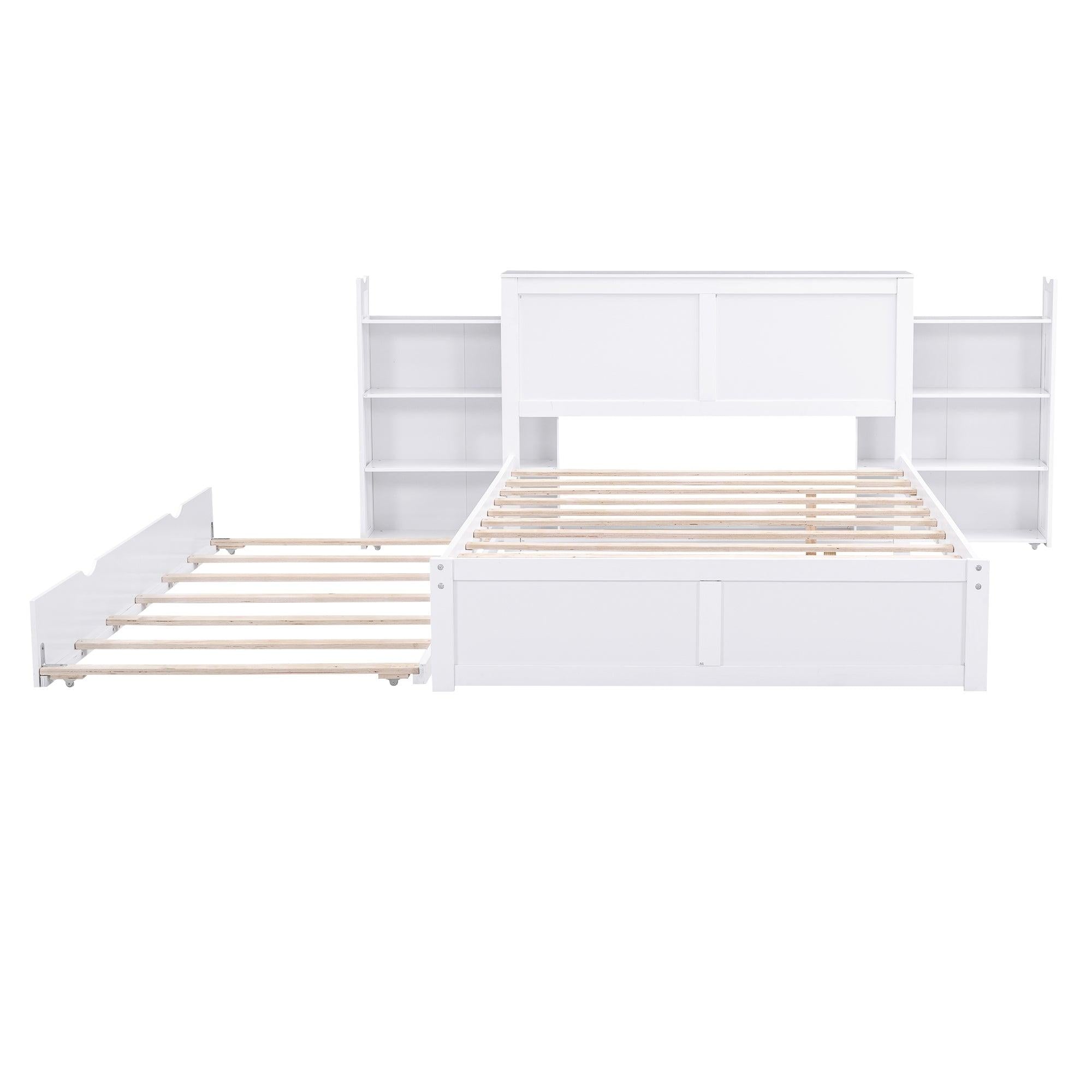 Full SizeStorage Platform Bed with Pull Out Shelves and Twin Size Trundle, White