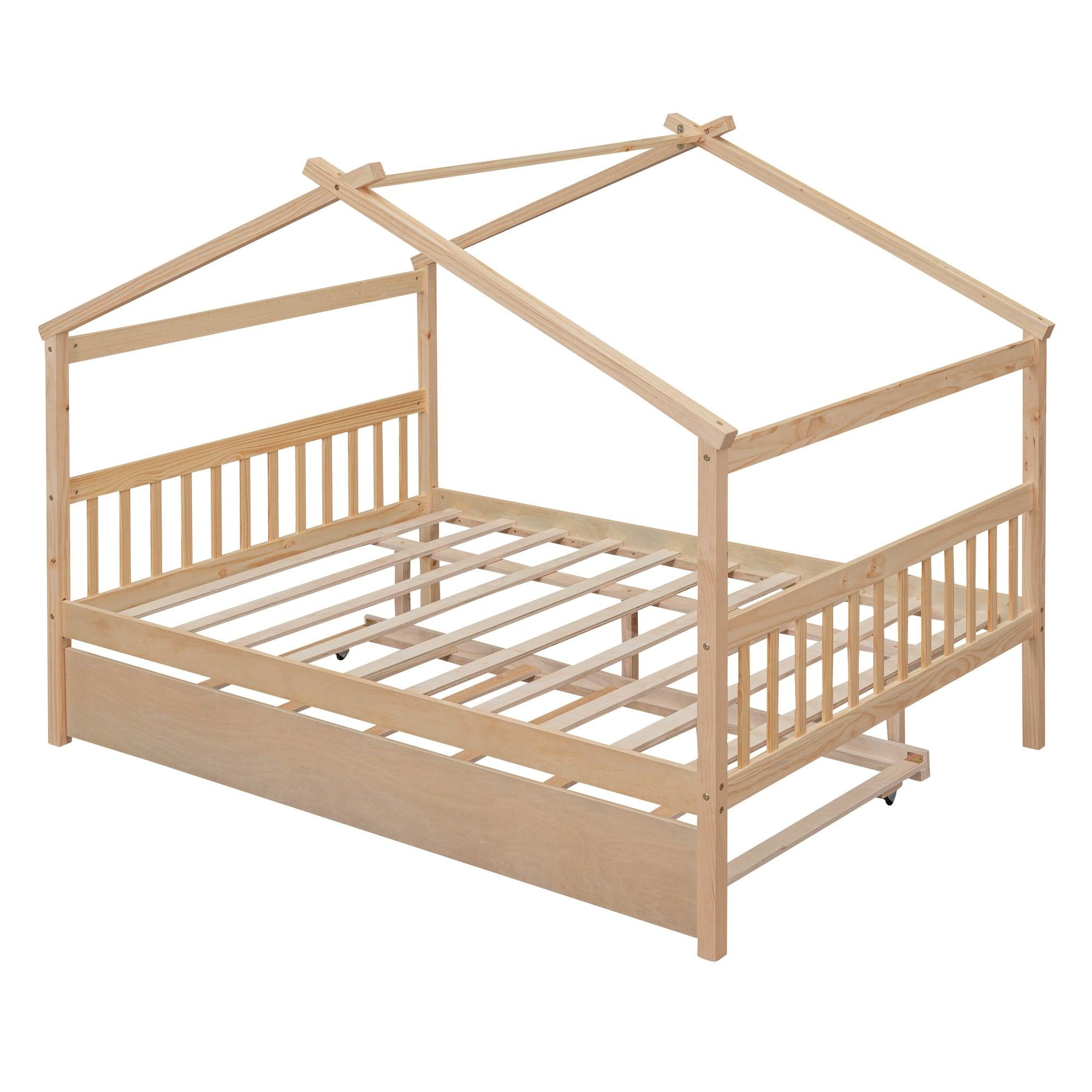 Full Size Wooden House Bed with Twin Size Trundle, Natural