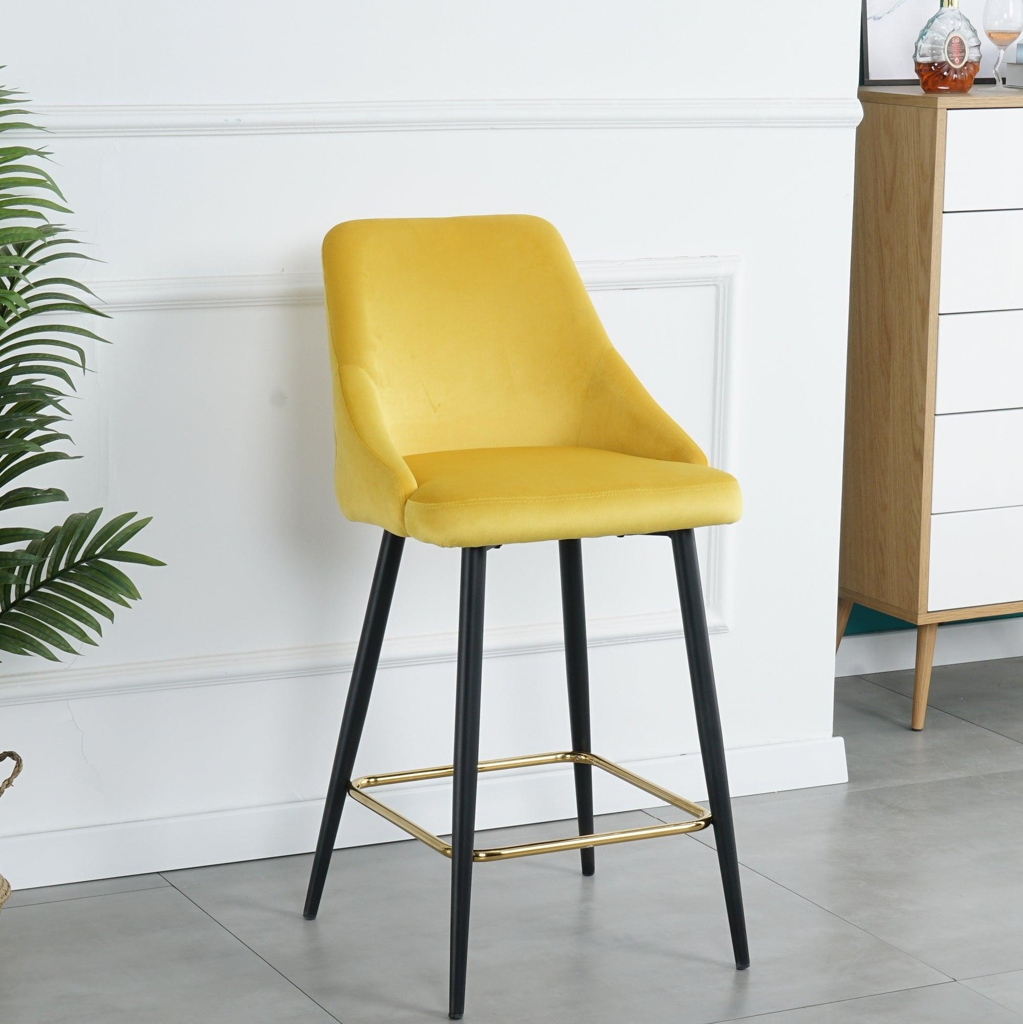 LuxuryModern Yellow Velvet Upholstered High Bar Stool Chair With Gold Legs(set of 2)