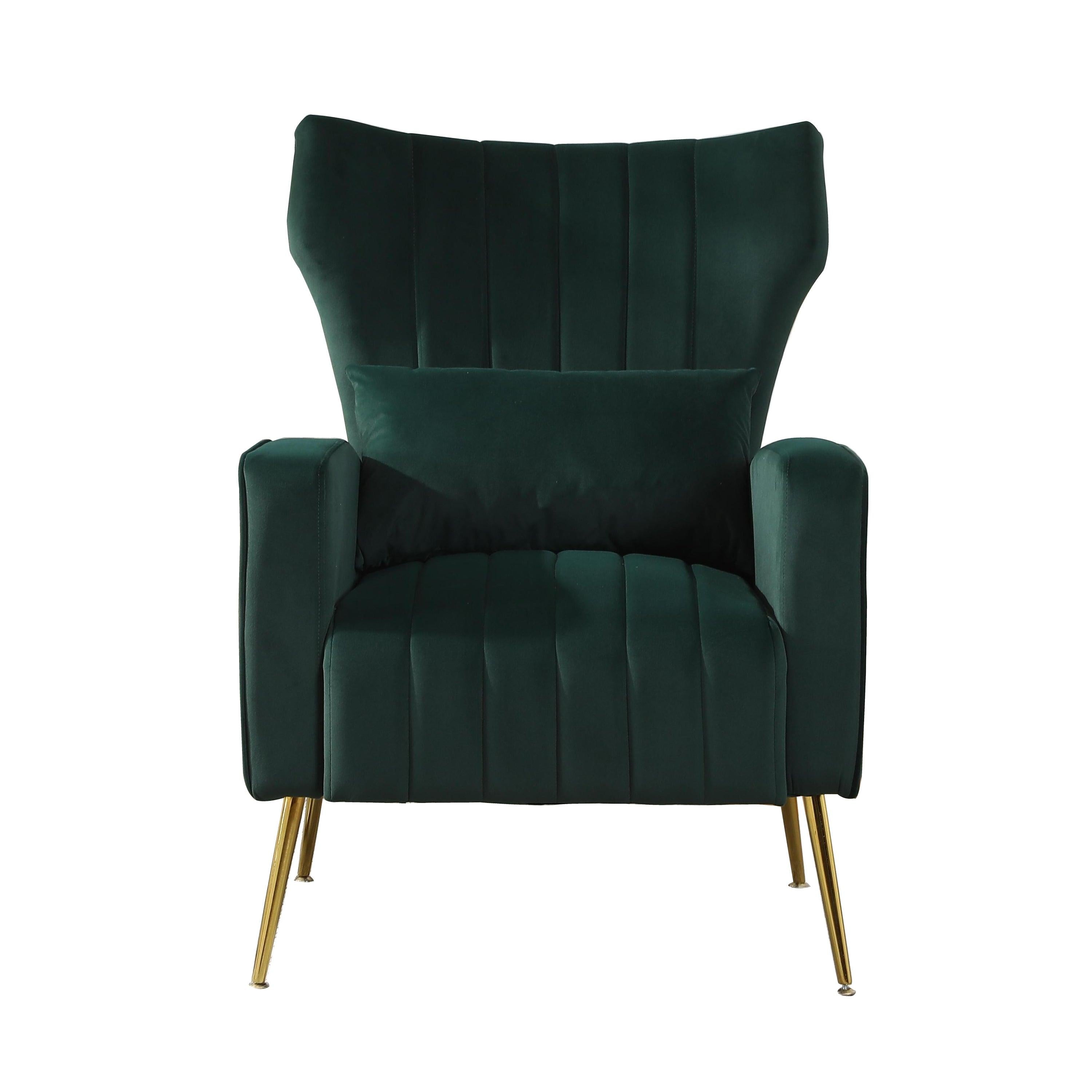 Velvet Accent Chair,Modern Living Room Armchair Comfy Upholstered Single Sofa Chair for Bedroom Dorms Reading Reception Room with Gold Legs & Small Pillow, Dark Green