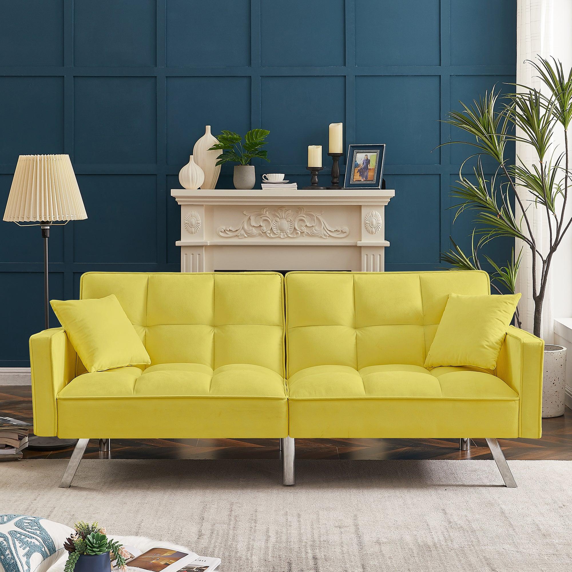 Modern Velvet Sofa Couch Bed with Armrests and 2 Pillows for Living Room and Bedroom .(YELLOW) image