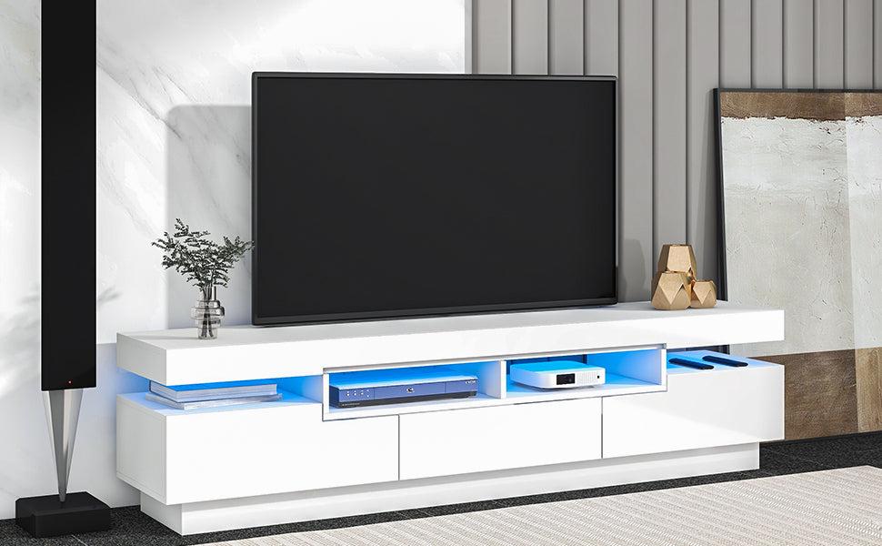 TV Stand with 4 Open Shelves,Modern High Gloss Entertainment Center for 75 Inch TV, Universal TVStorage Cabinet with 16-color RGB LED Color Changing Lights, White