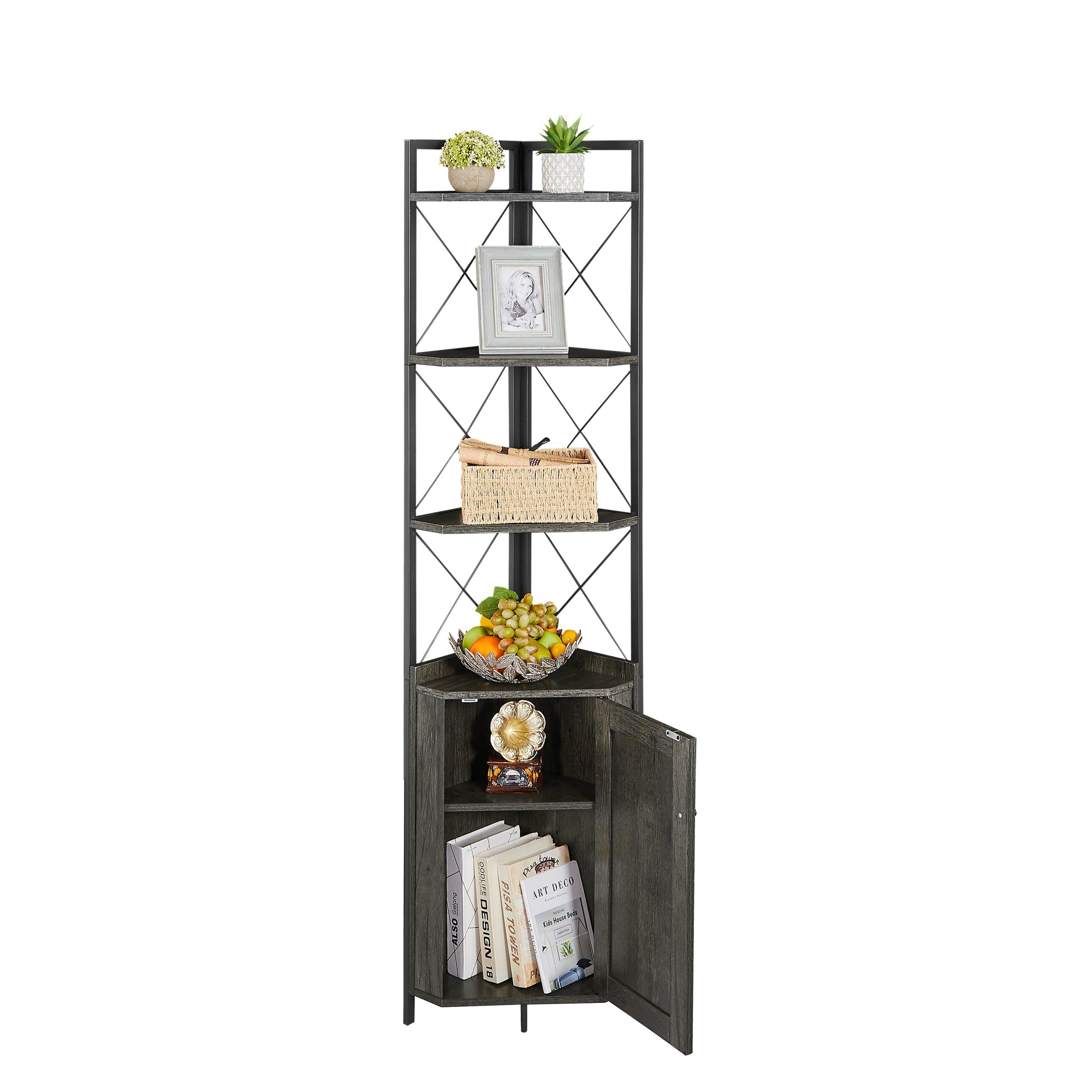 Corner Shelf 5-Tier withStorage，Corner cabinet Bookshelf StandStorage Rack(Dark Grey)