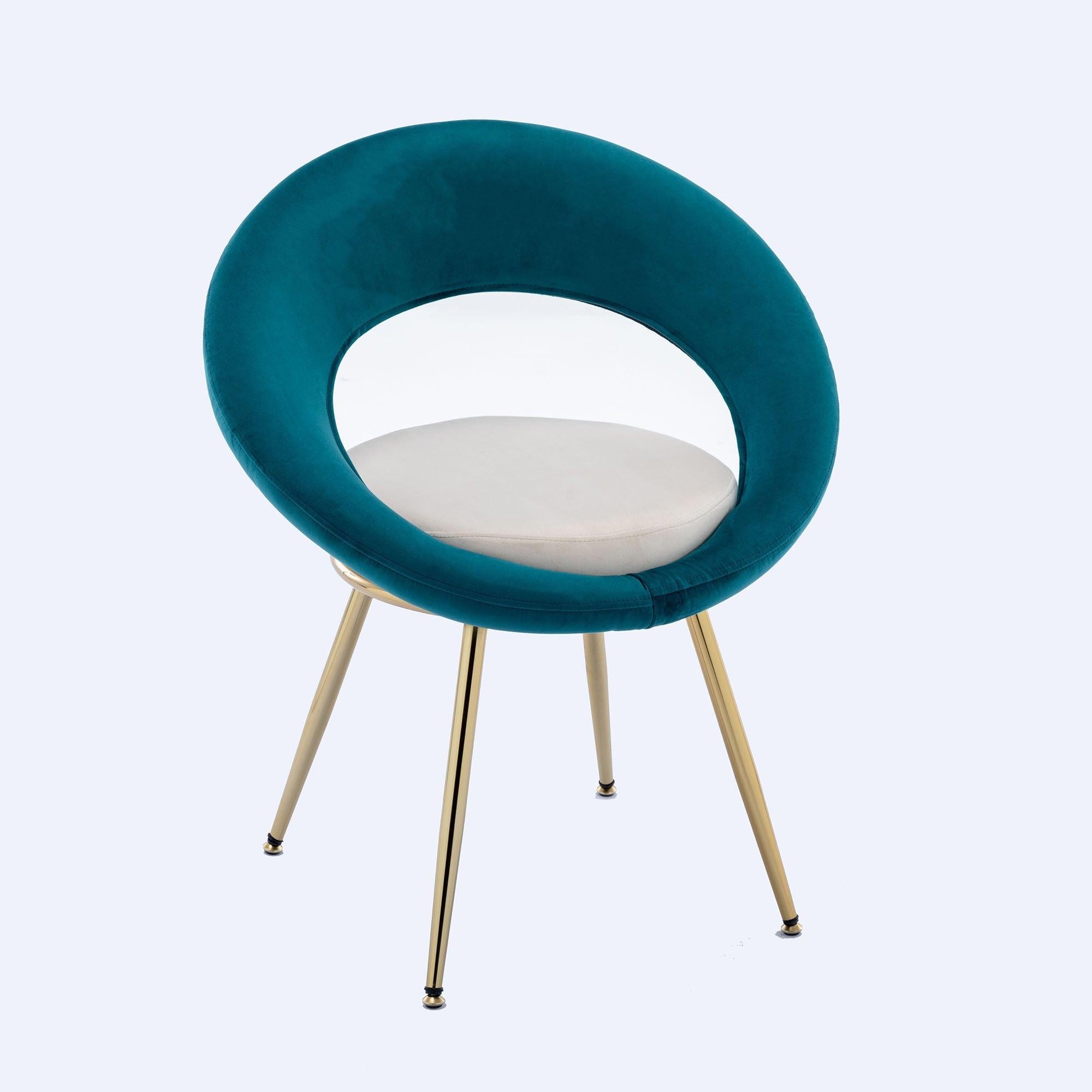 Peacock Blue+Off-White VelvetModern accent/Conversation Lounge Chair With  Gold Plated Legs, unique appearance，Suitable For Office, Lounge, Living Room