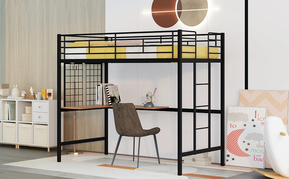 Twin Metal Loft Bed with Desk and Metal Grid,Black