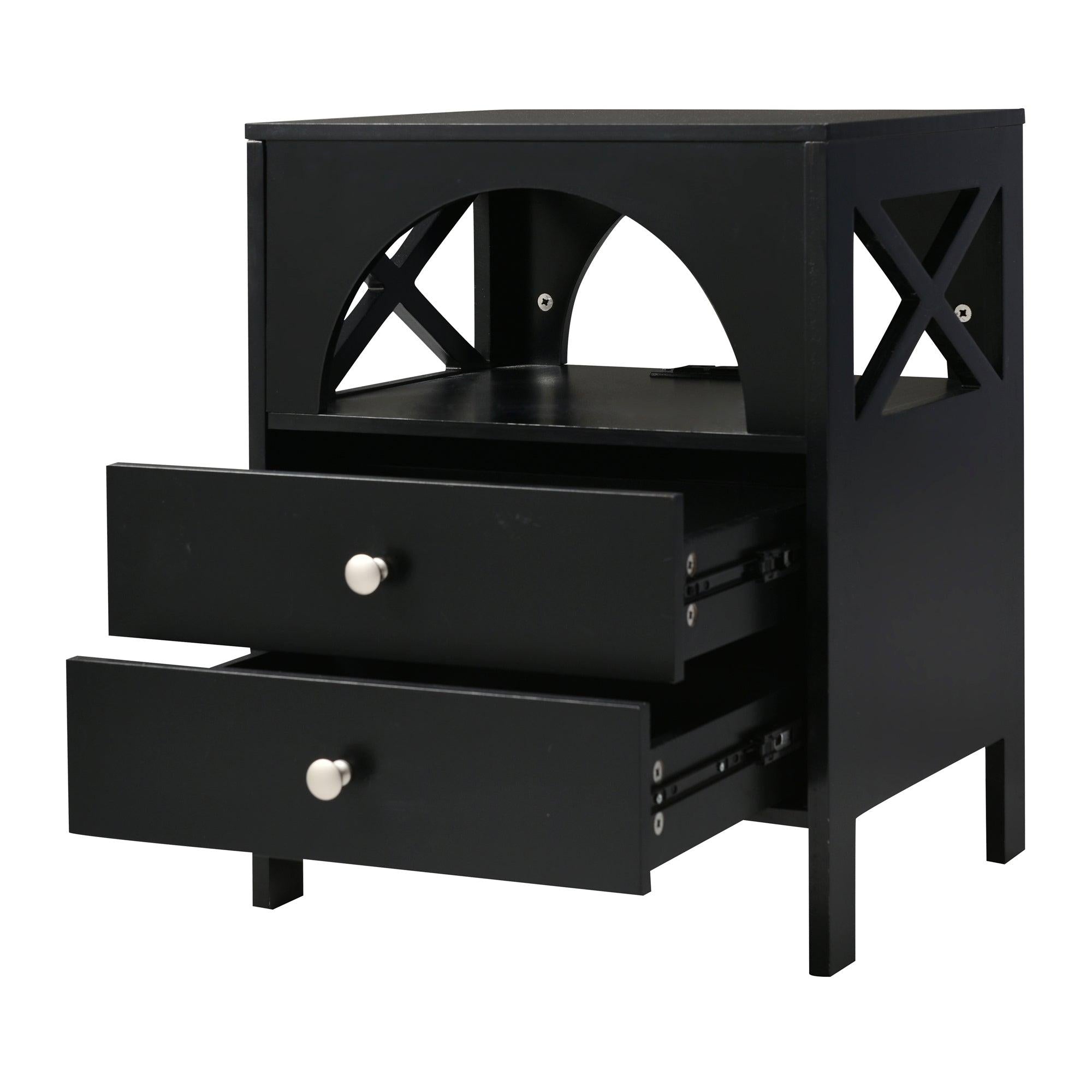 Nightstand with USB Charging Ports and LED Lights,End Table with 2 Drawers and Shelf,Black