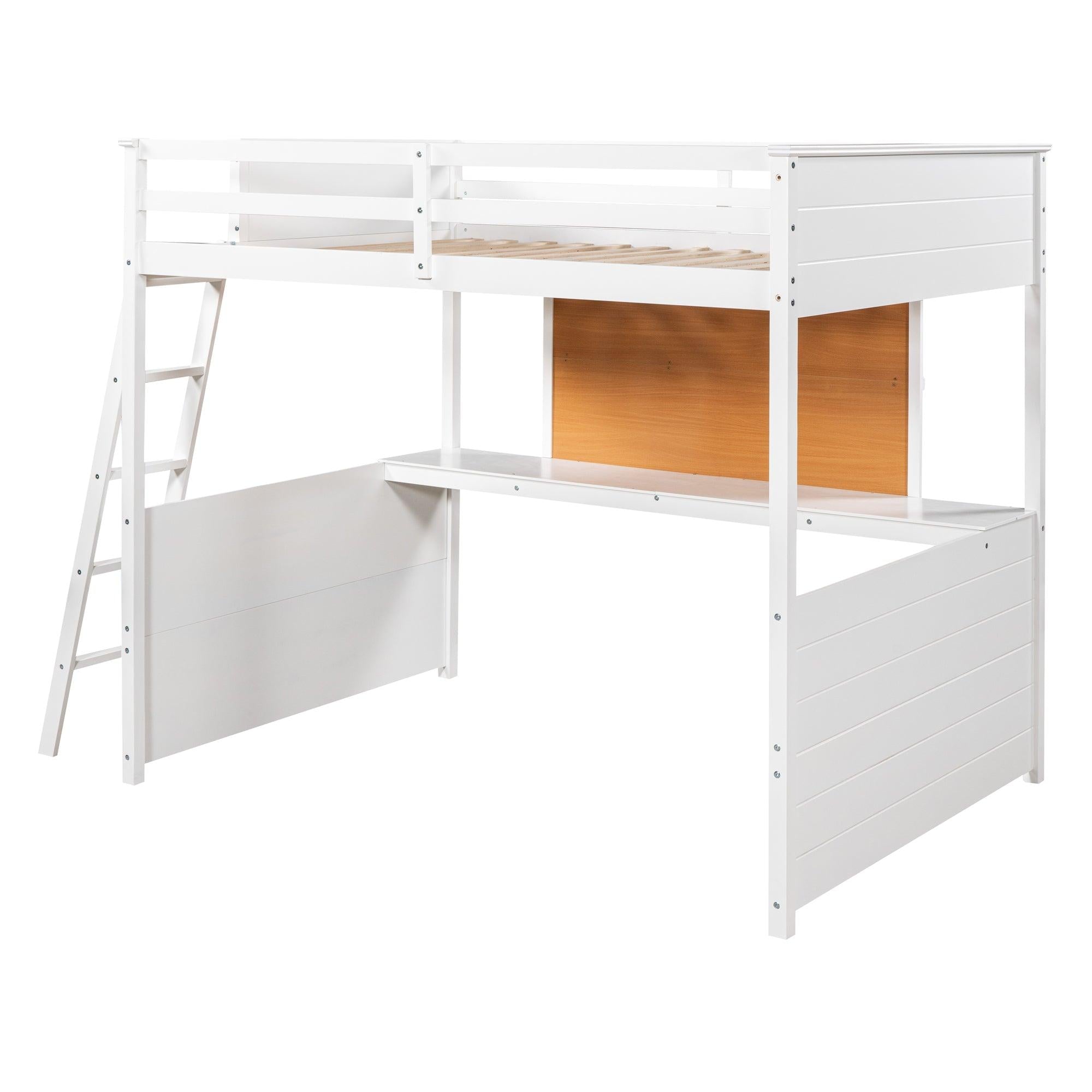 Full size Loft Bed with Desk and Writing Board, Wooden Loft Bed with Desk - White