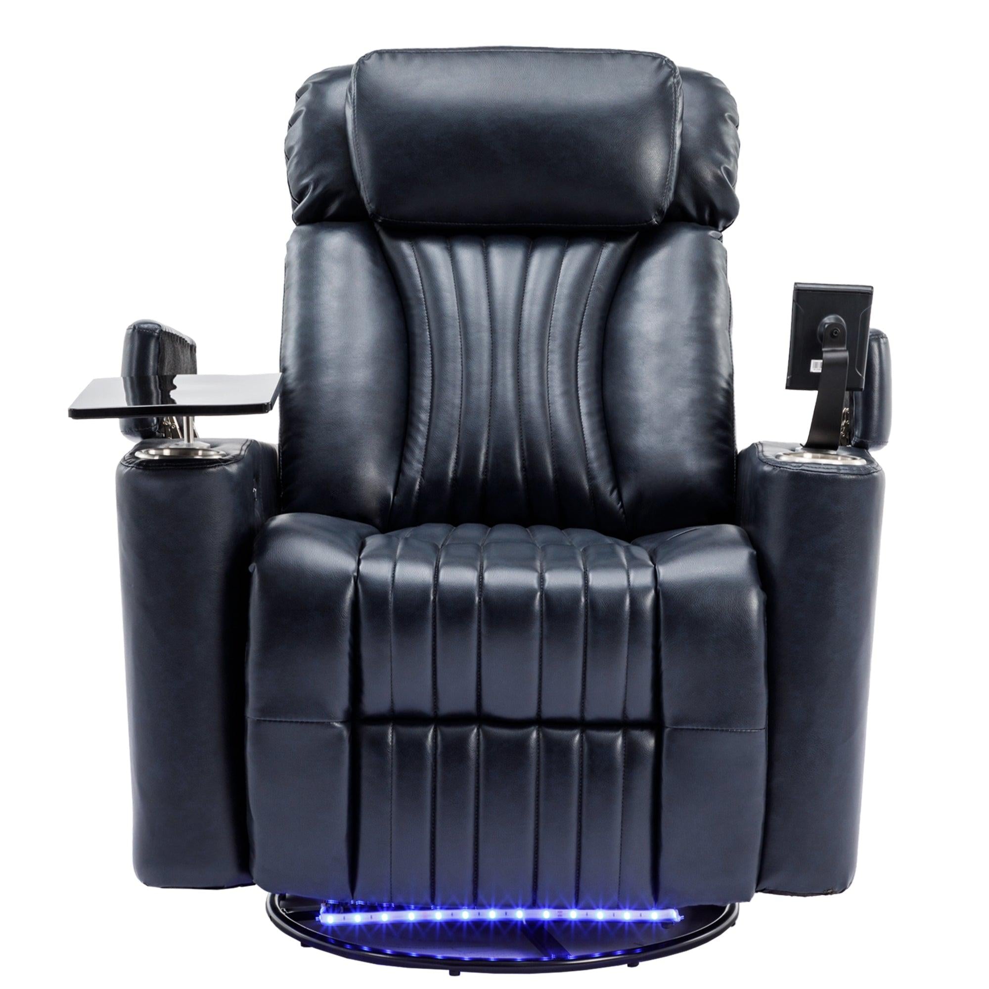 270° Power Swivel Recliner,Home Theater Seating With Hidden ArmStorage and  LED Light Strip,Cup Holder,360° Swivel Tray Table,and Cell Phone Holder,Soft Living Room Chair,Blue