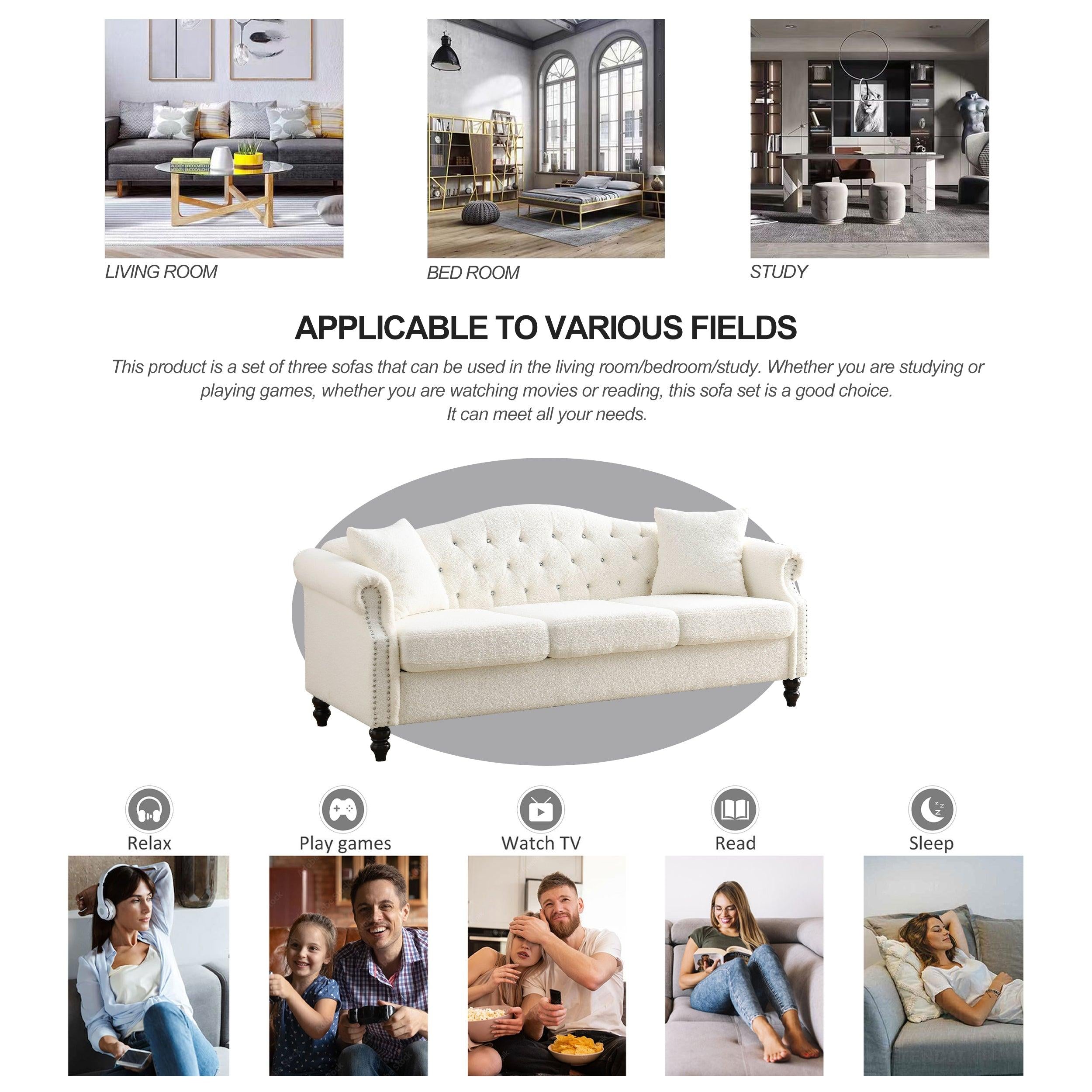 79" Chesterfield Sofa Teddy white for Living Room, 3 Seater Sofa Tufted Couch with Rolled Arms and Nailhead for Living Room, Bedroom, Office, Apartment, two pillows