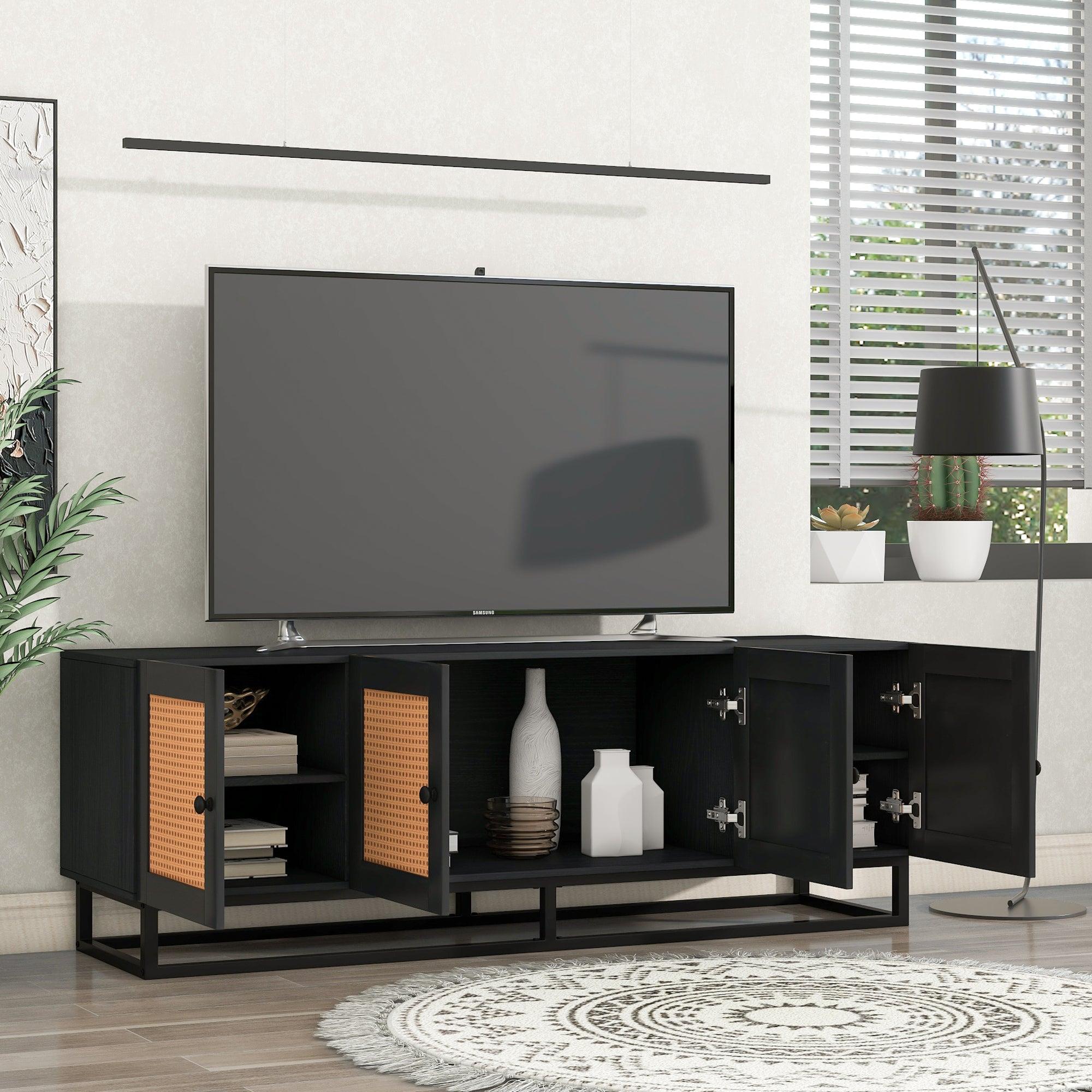 TV Stand Entertainment Cabinet with 4 Textured Rattan Doors and 2 Adjustable Panels, Wooden Farmhouse TV Console Table for TVs up to 65inches, Espresso