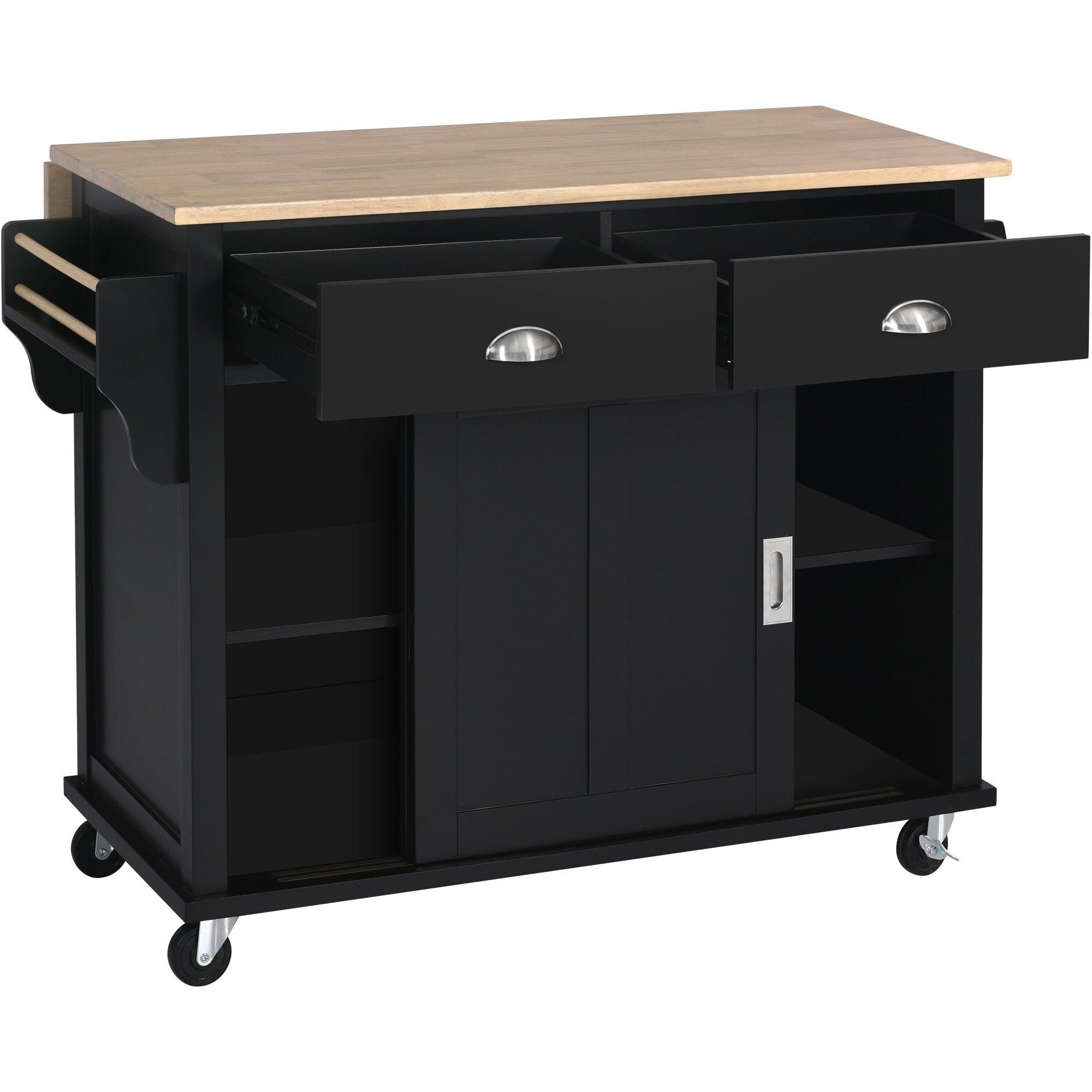 Kitchen Cart with Rubber wood Drop-Leaf Countertop, Concealed sliding barn door adjustable height,Kitchen Island on 4 Wheels withStorage Cabinet and 2 Drawers,L52.2xW30.5xH36.6 inch, Black