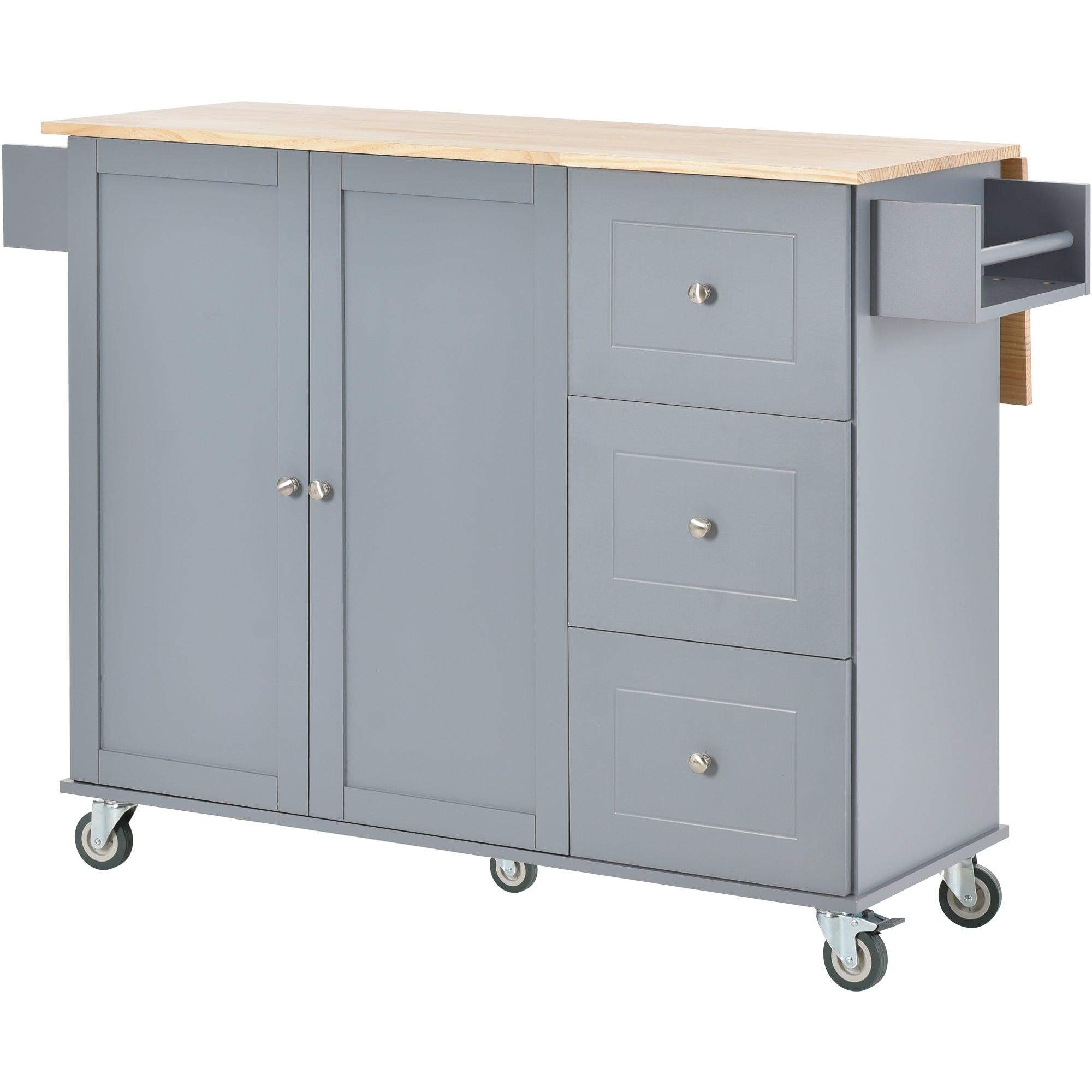 Rolling Mobile Kitchen Island with Solid Wood Top and Locking Wheels，52.7 Inch Width，Storage Cabinet and Drop Leaf Breakfast Bar，Spice Rack, Towel Rack & Drawer （Grey Blue）