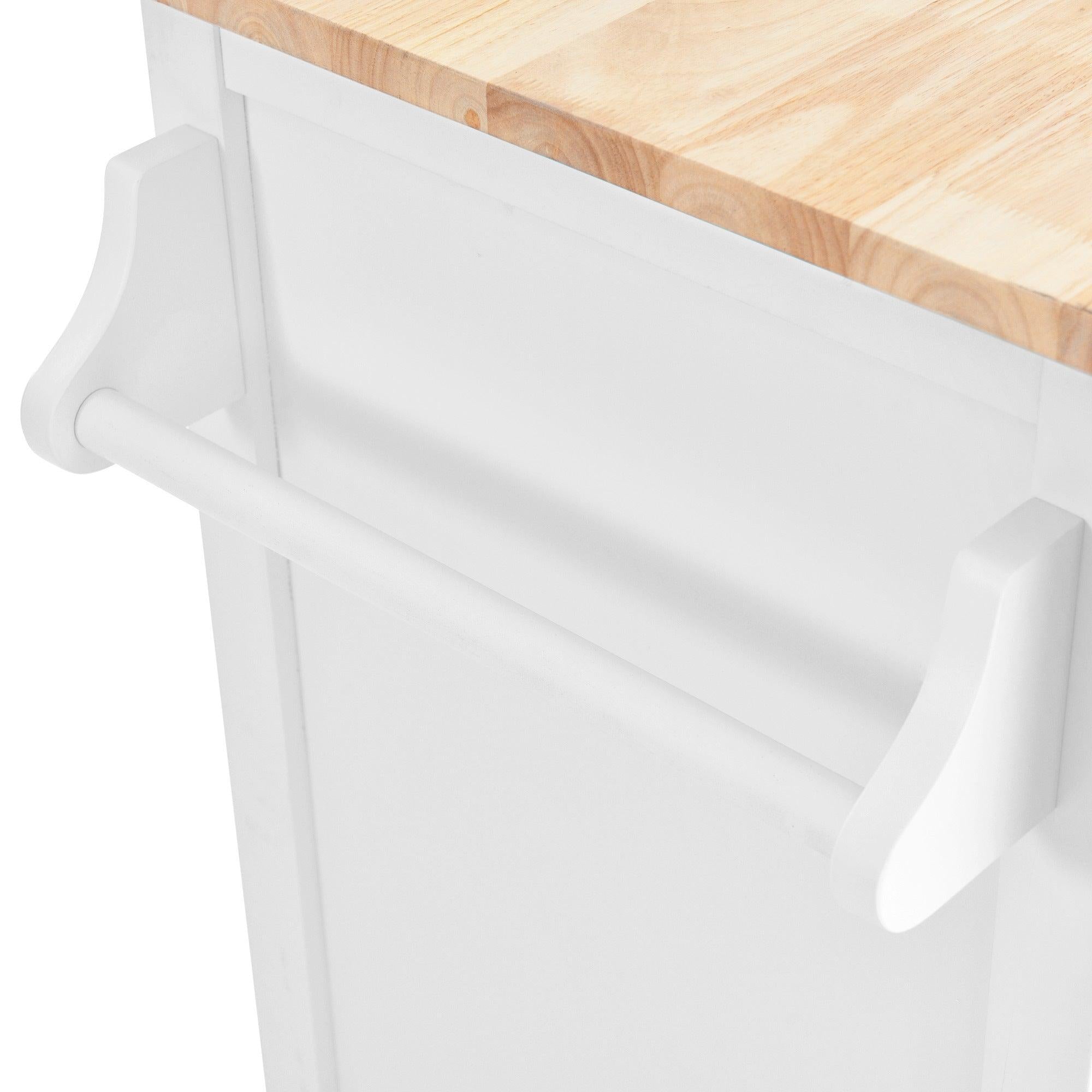 Kitchen Cart with Rubber wood Drop-Leaf Countertop, Concealed sliding barn door adjustable height,Kitchen Island on 4 Wheels withStorage Cabinet and 2 Drawers,L52.2xW30.5xH36.6 inch, White