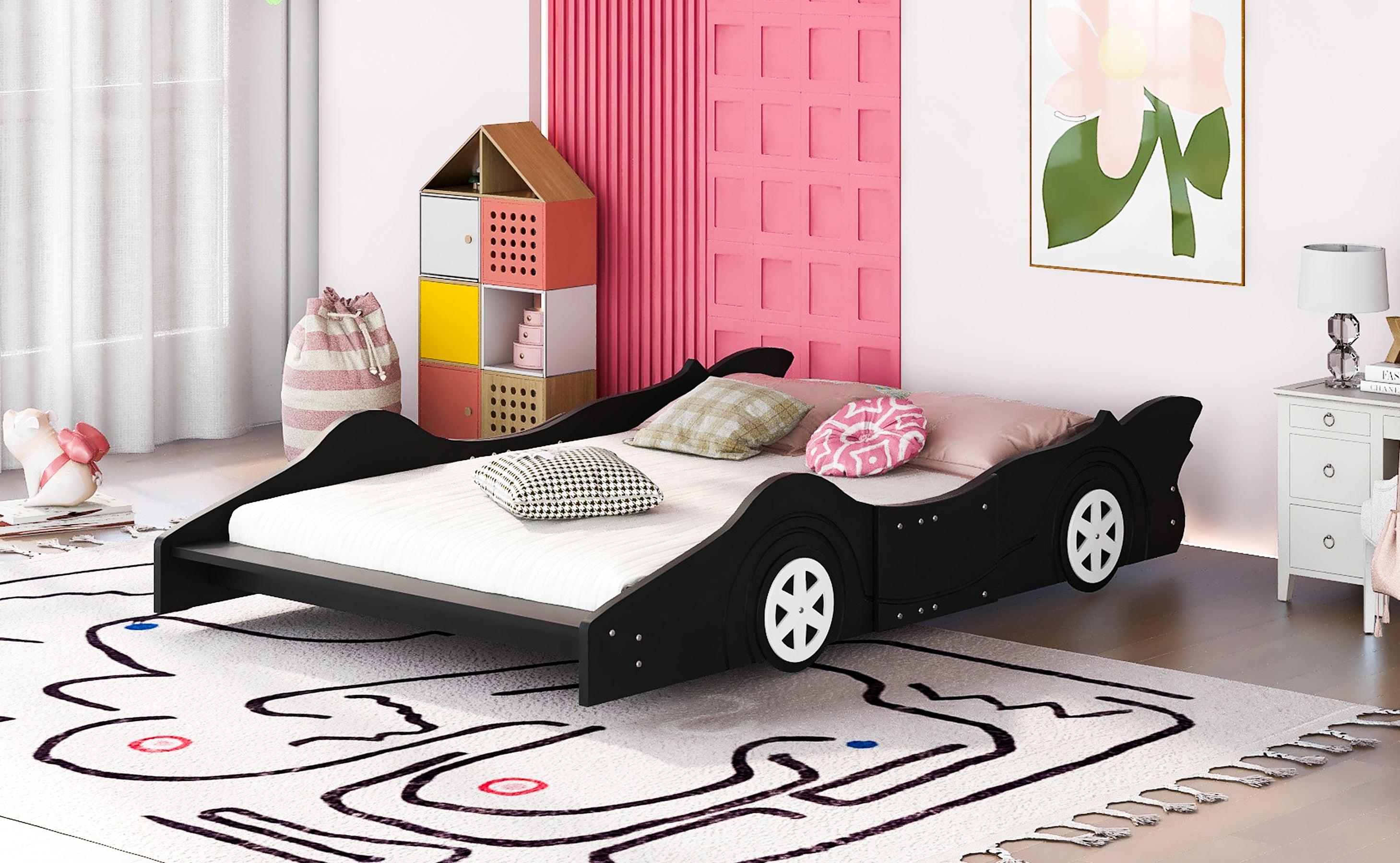 Full Size Race Car-Shaped Platform Bed with Wheels,Black