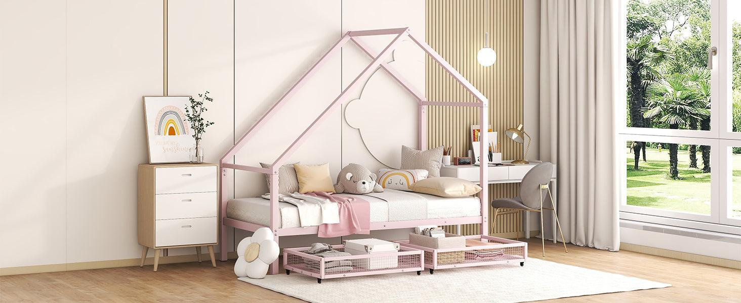 Twin Size Metal House Bed with TwoStorage Drawers, Pink