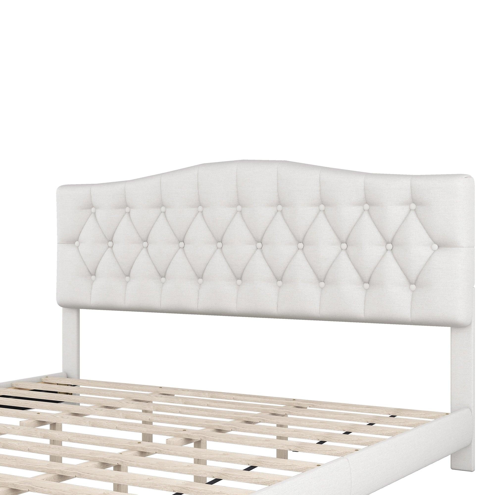 Upholstered Platform Bed with Saddle Curved Headboard and Diamond Tufted Details, King, Beige