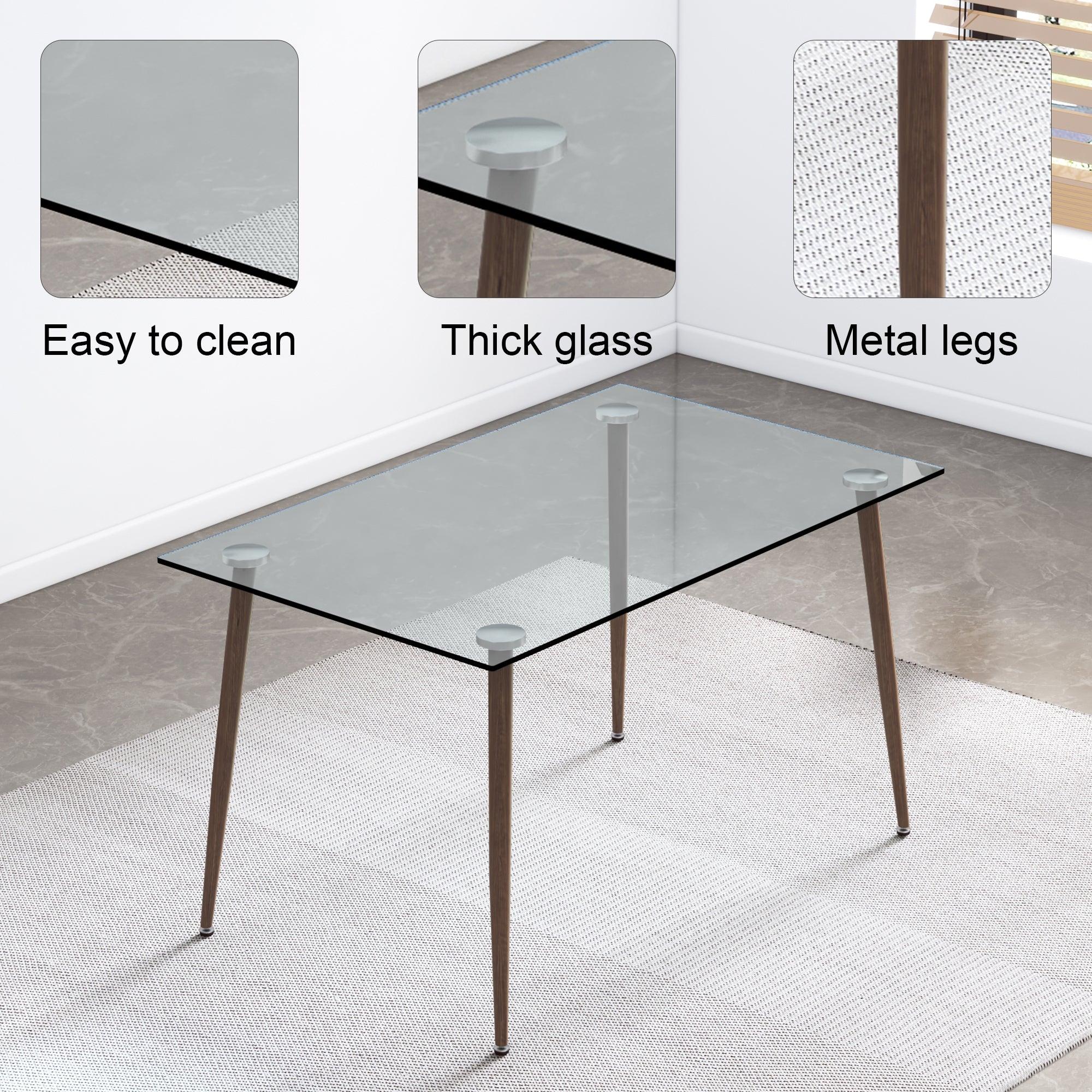 Modern Rectangular Glass Dining Table for 4-6 with 0.31" Tempered Glass Tabletop and Dark woodcolor Powder Coating  Metal Legs, Writing Table Desk,for Kitchen Dining Living Room, 51" W x 31"D x 30" H