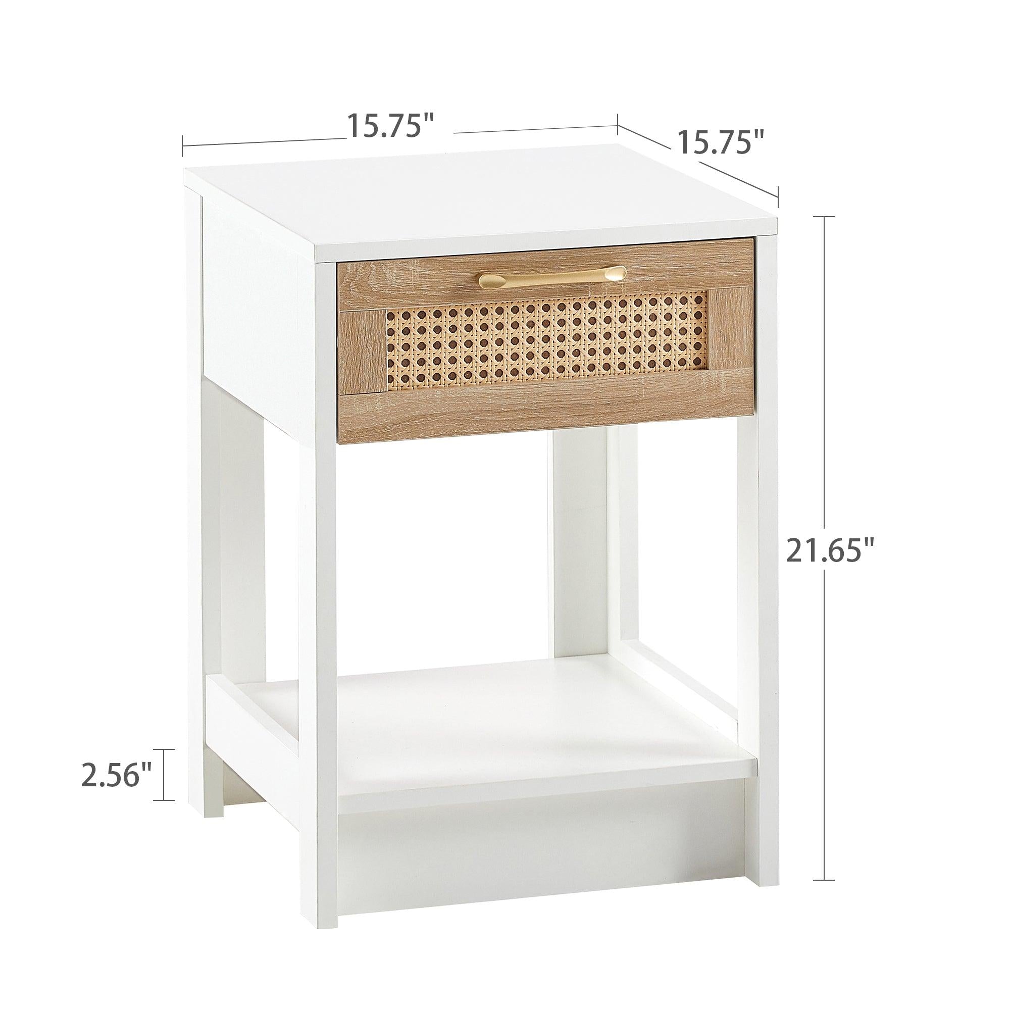 15.75" Rattan End table with  drawer,Modern nightstand, side table for living roon, bedroom,white