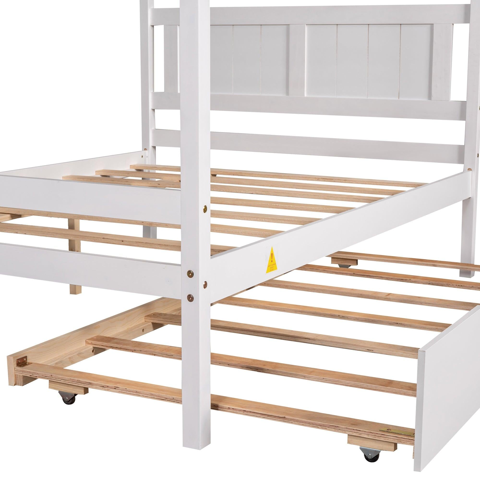 Full Size Canopy Platform Bed with Trundle,With Slat Support Leg,White