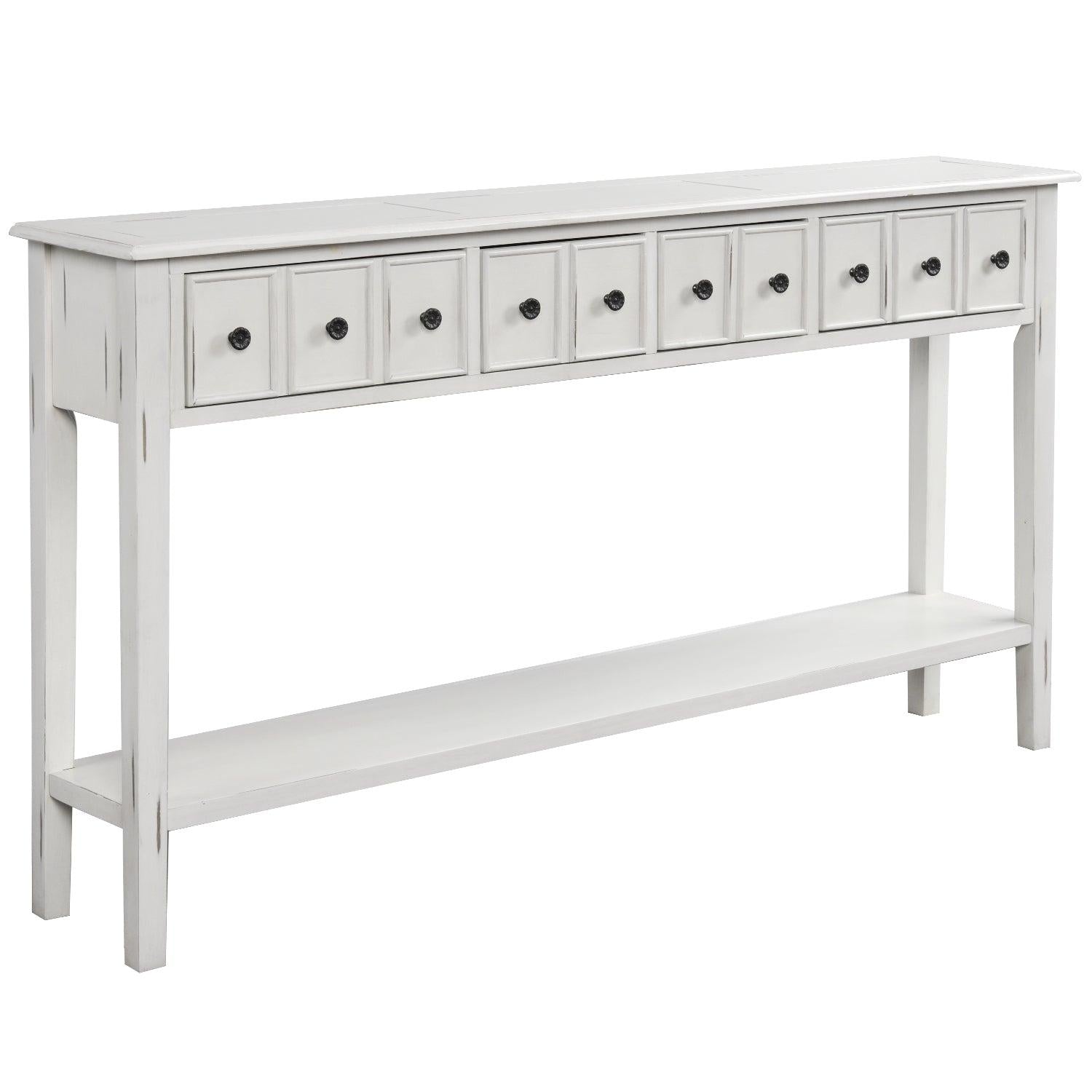 Rustic Entryway Console Table, 60" Long with two Different Size Drawers and Bottom Shelf forStorage (Antique White)