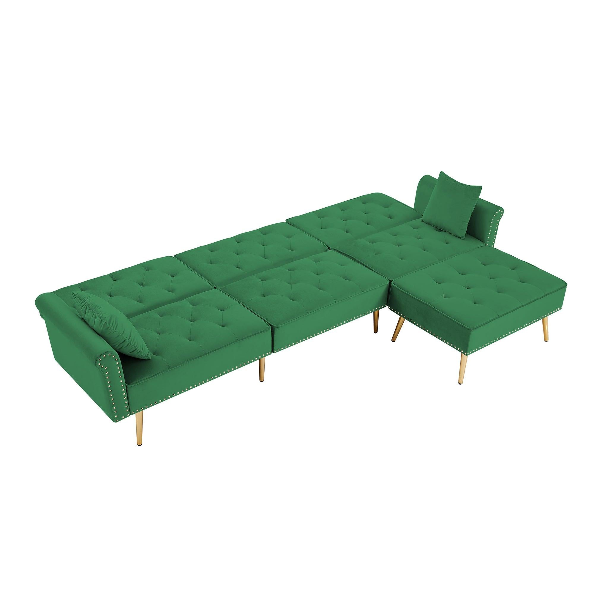 Modern Velvet Upholstered Reversible Sectional Sofa Bed , L-Shaped Couch with Movable Ottoman and Nailhead Trim For Living Room. (Green)