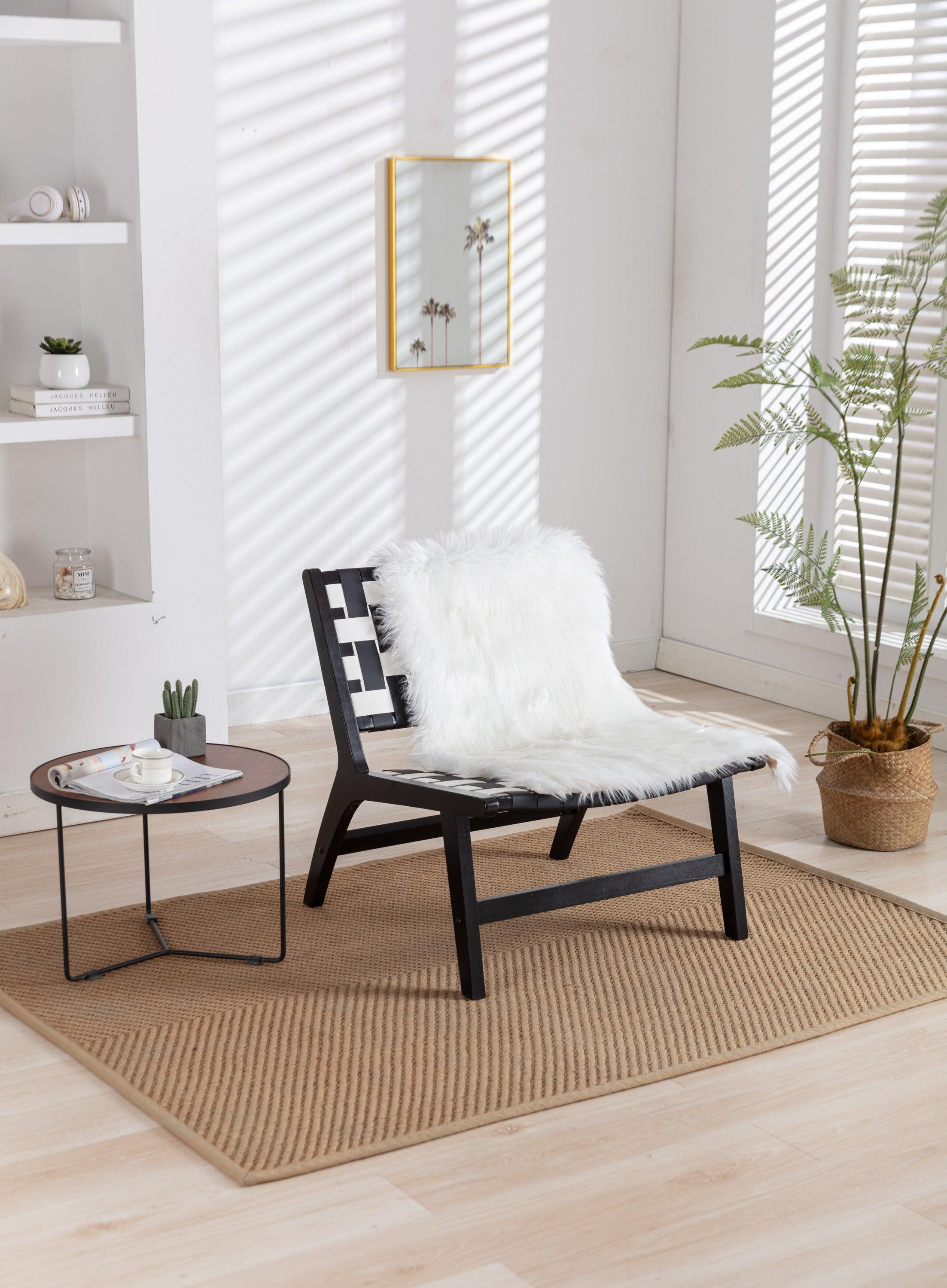 Solid Wood Frame Chair With White Wool Carpet.Modern Accent Chair Lounge Chair for Living Room