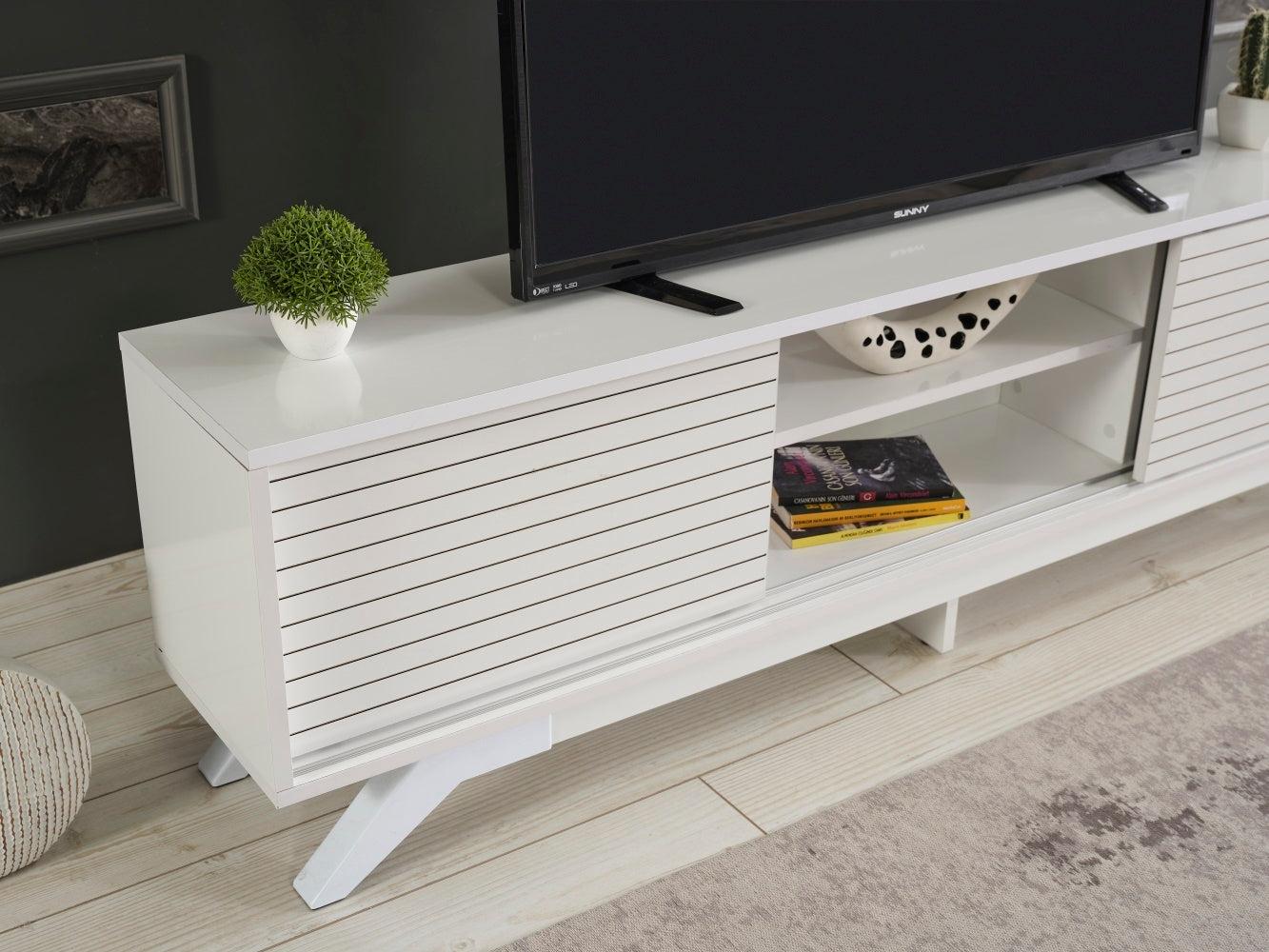 Luxia Mid CenturyModern Tv Stand 2 Sliding Door Cabinet 2 Shelves 67 inch Tv Uni, White