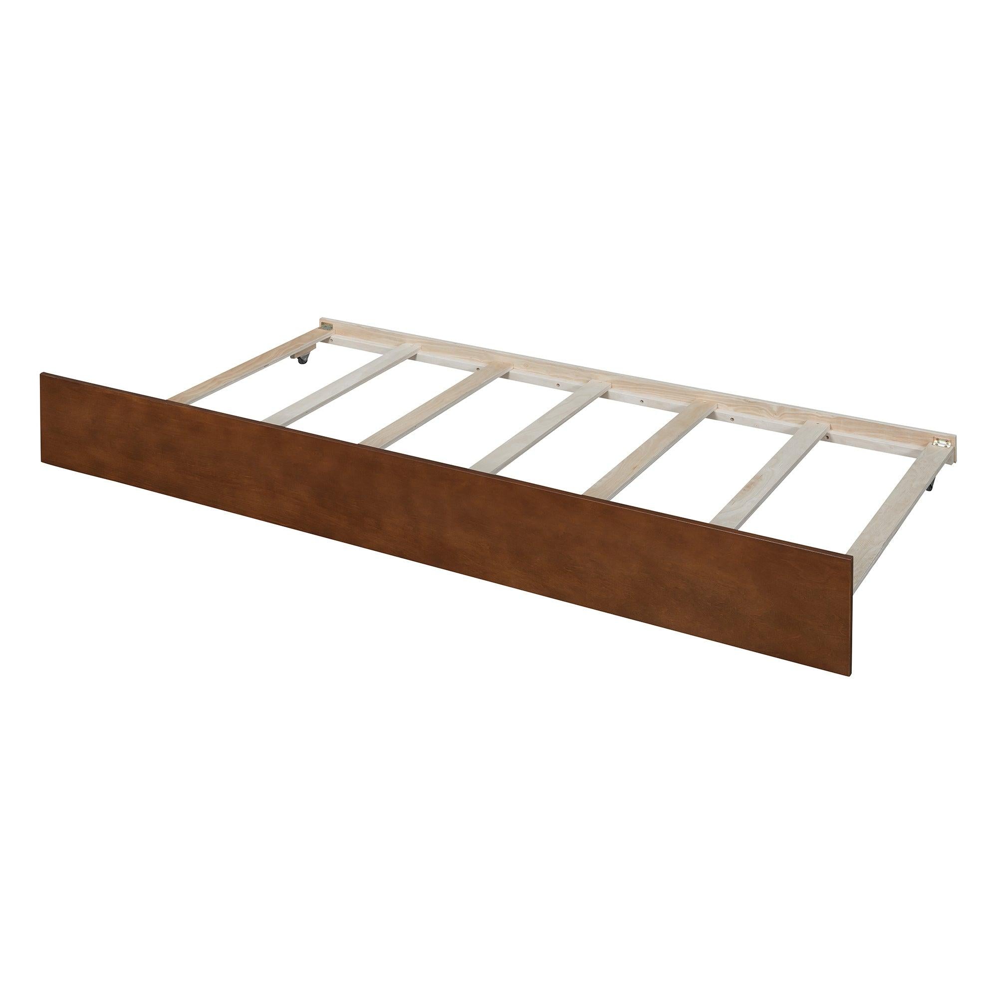 Twin Size Wood Daybed with Trundle and Fence Guardrails, Walnut