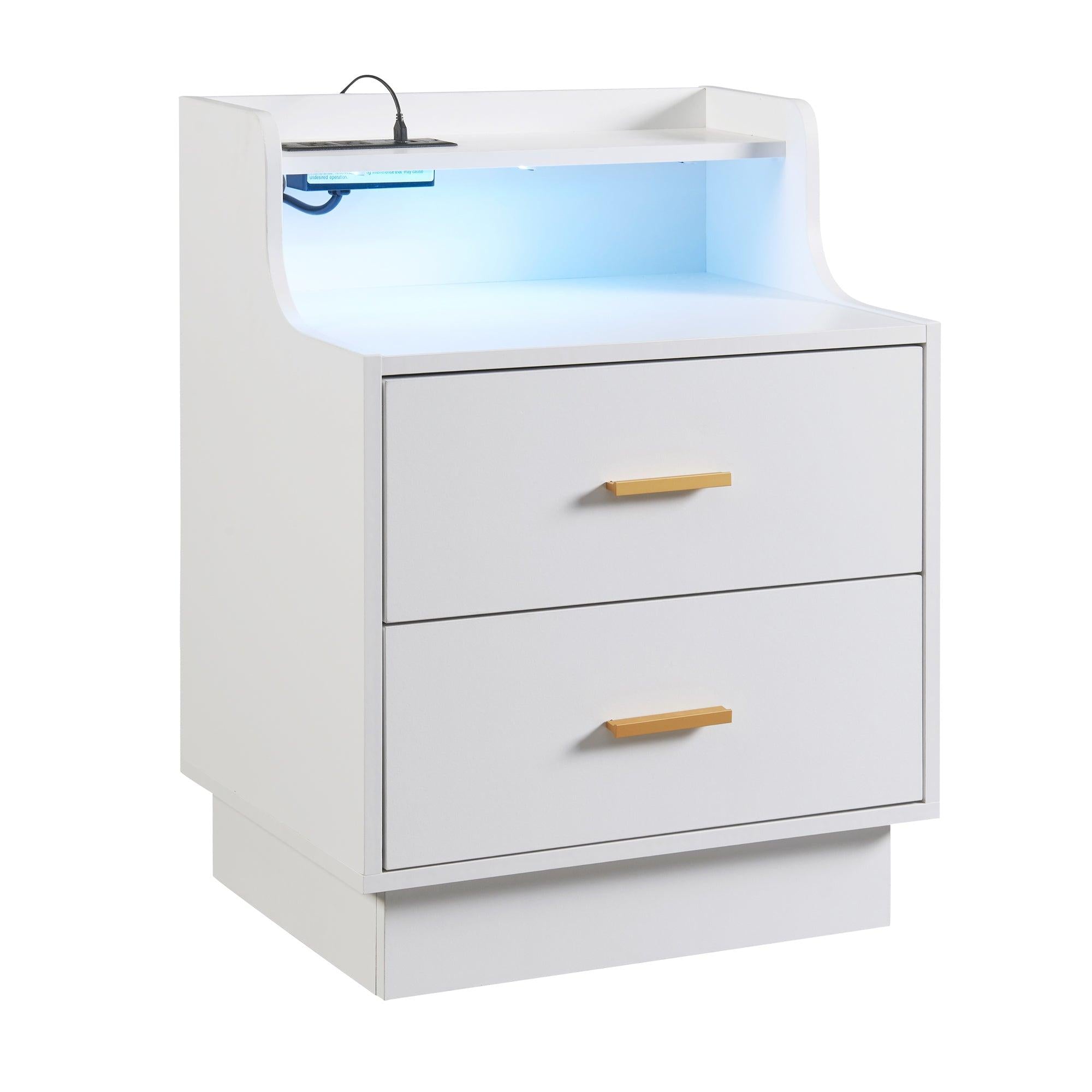 Multifunctional Nightstand with 2 Drawers, Shelf with USB Charging Design and Color-Changing LED, White