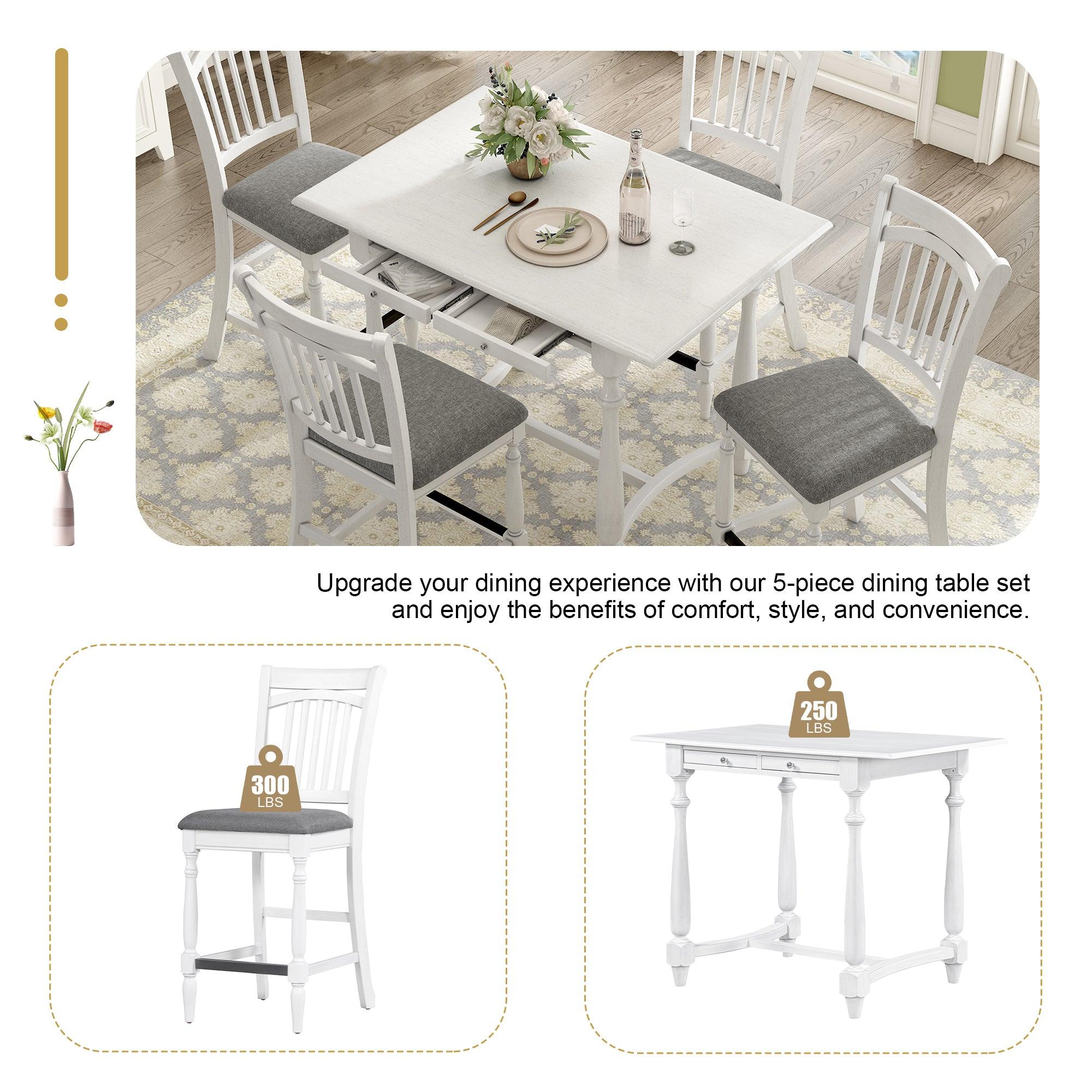 Mid-Century Farmhouse 5-Piece Wood Dining Table Set Counter Height Kitchen Furniture Set withStorage Drawers and 4 Upholstered Chairs, White