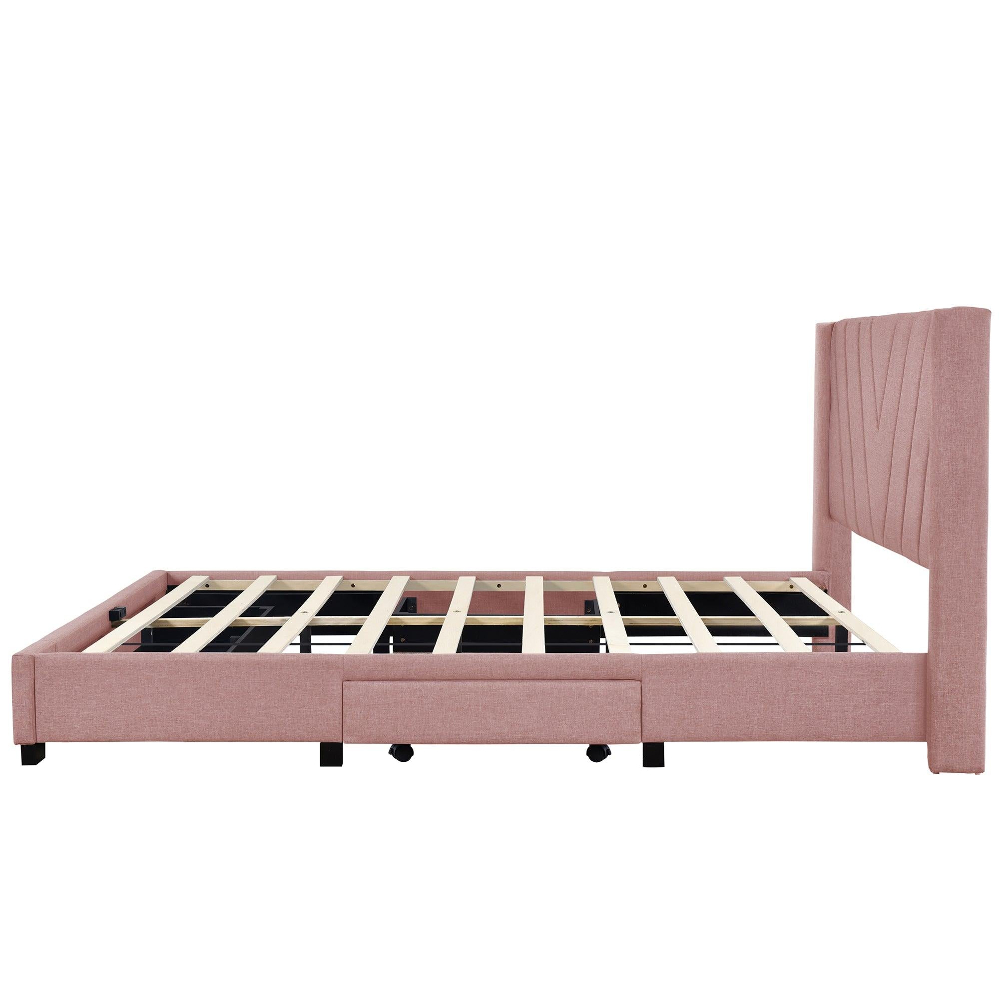 Queen SizeStorage Bed Linen Upholstered Platform Bed with 3 Drawers (Pink)