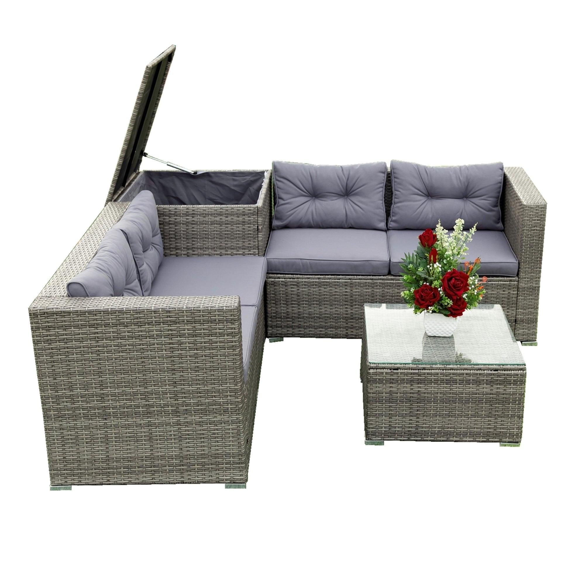 4 Piece Patio Sectional Wicker Rattan Outdoor Furniture Sofa Set withStorage Box Grey