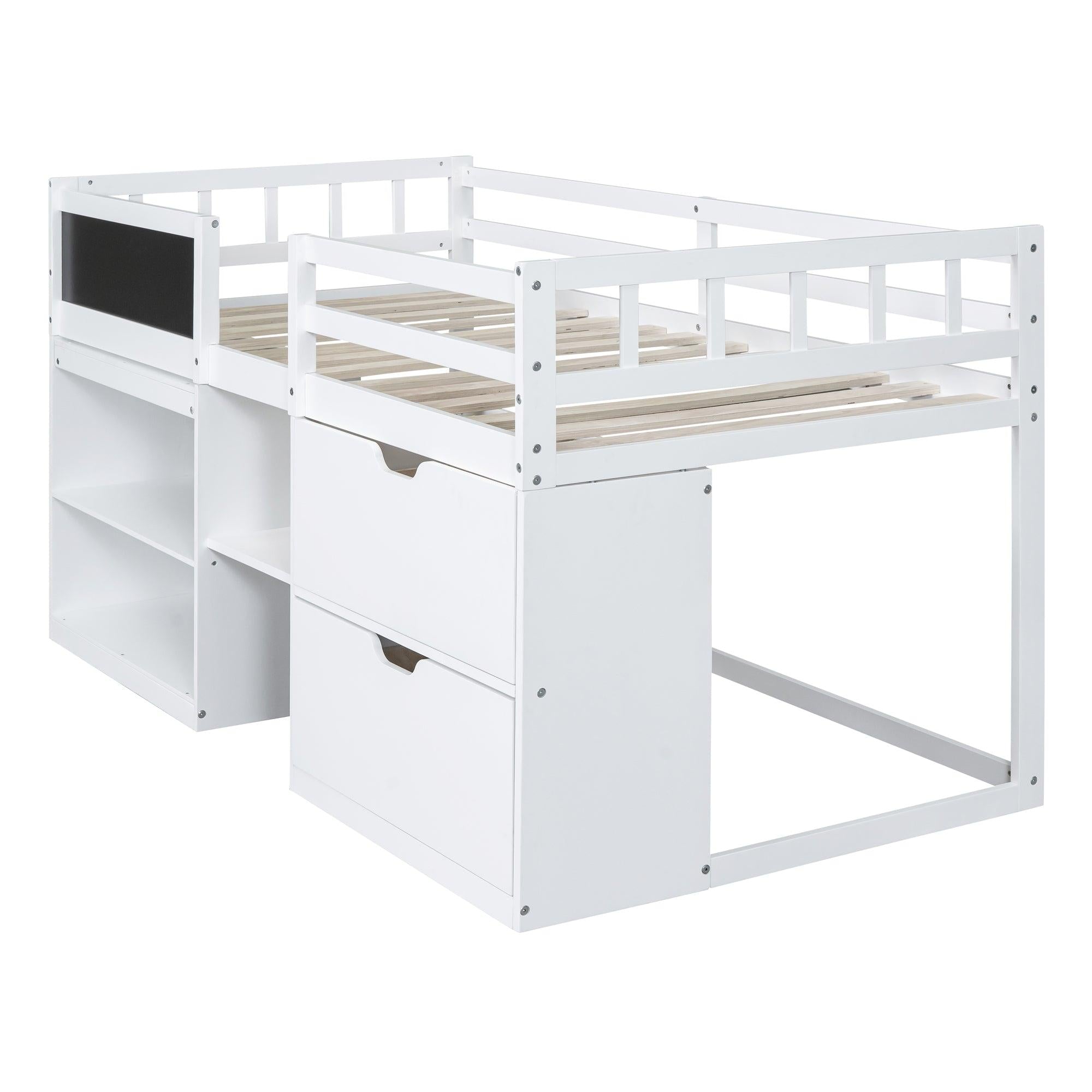 Twin Size Low Loft Bed with Rolling Desk, Shelf and Drawers - White