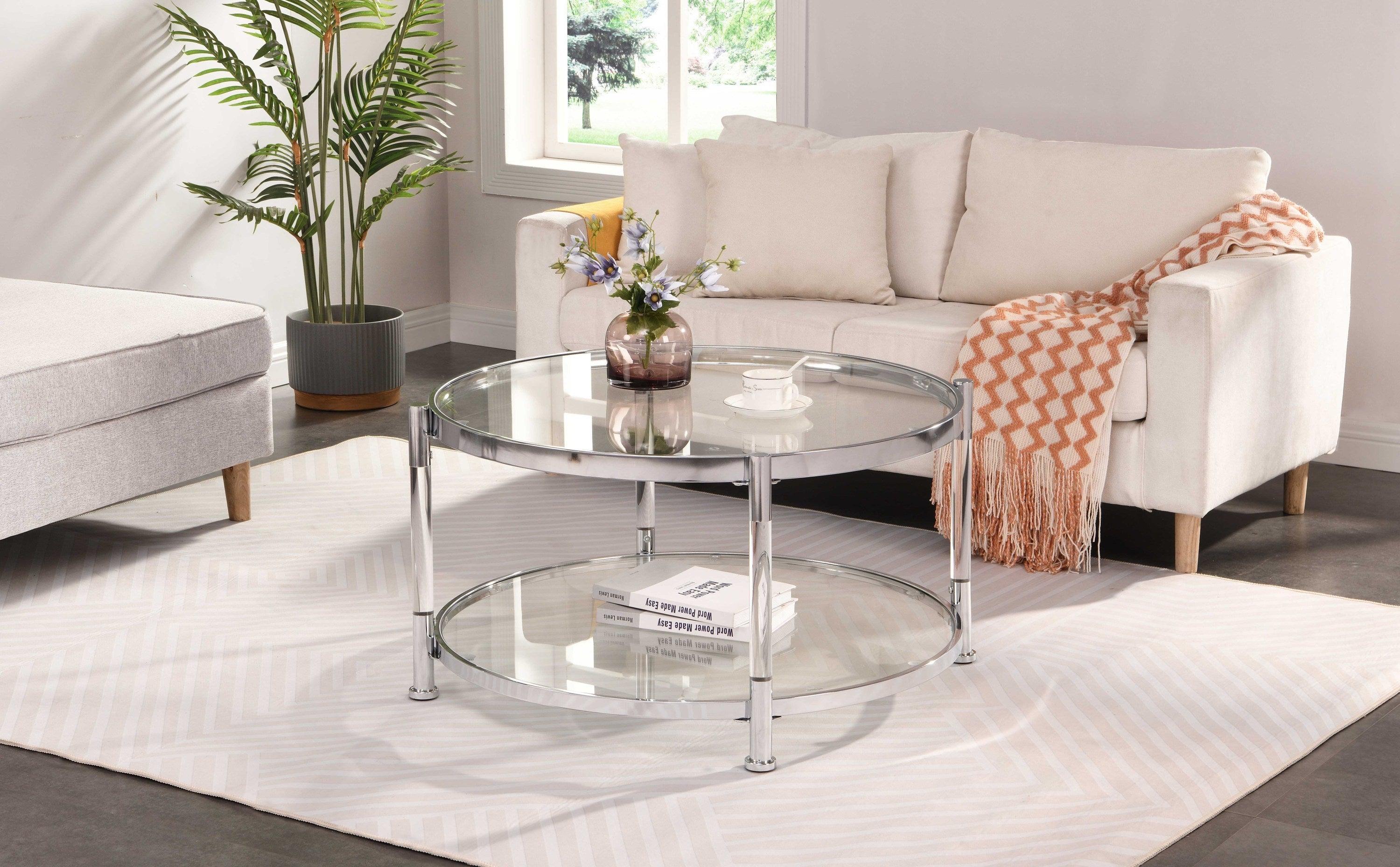 Contemporary Acrylic Coffee Table, 32.3'' Round Tempered Glass Coffee Table, Chrome/Silver  Coffee Table for Living Room