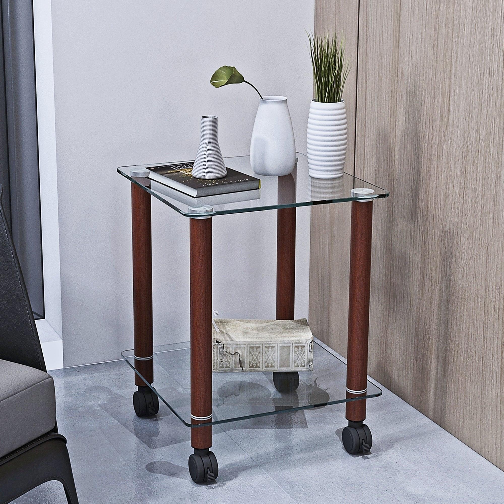 1-Piece Transparent+Walnut Side Table , 2-Tier Space End Table ,Modern Night Stand, Sofa table, Side Table withStorage Shelve