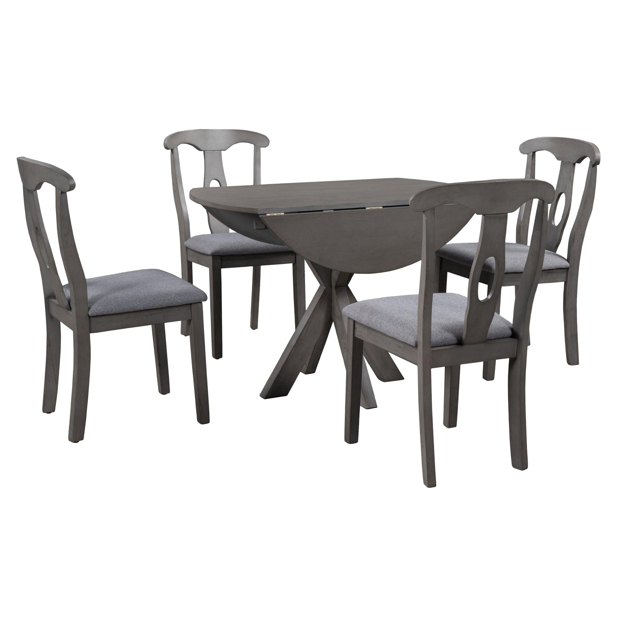 Rustic Farmhouse 5-Piece Wood Round Dining Table Set for 4, Kitchen Furniture with Drop Leaf and 4 Padded Dining Chairs for Small Places, Grey