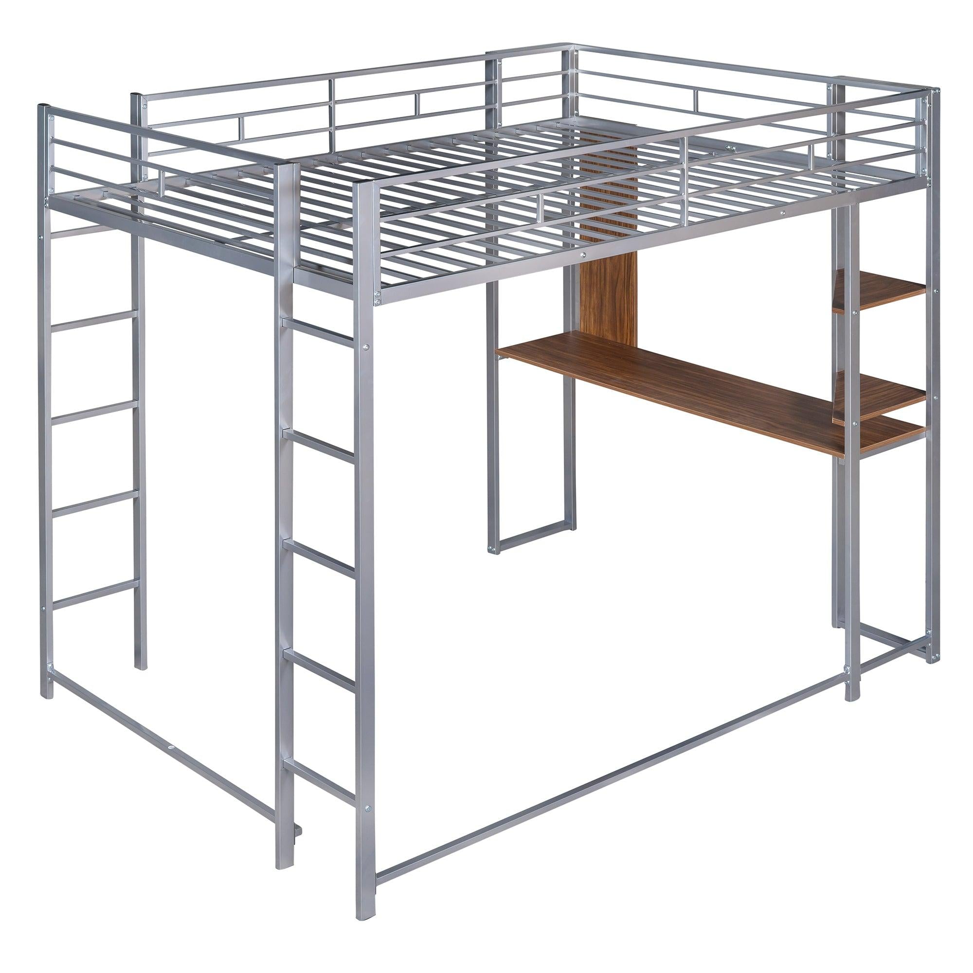 Full Size Metal Loft Bed with 2 Shelves and one Desk ,Silver