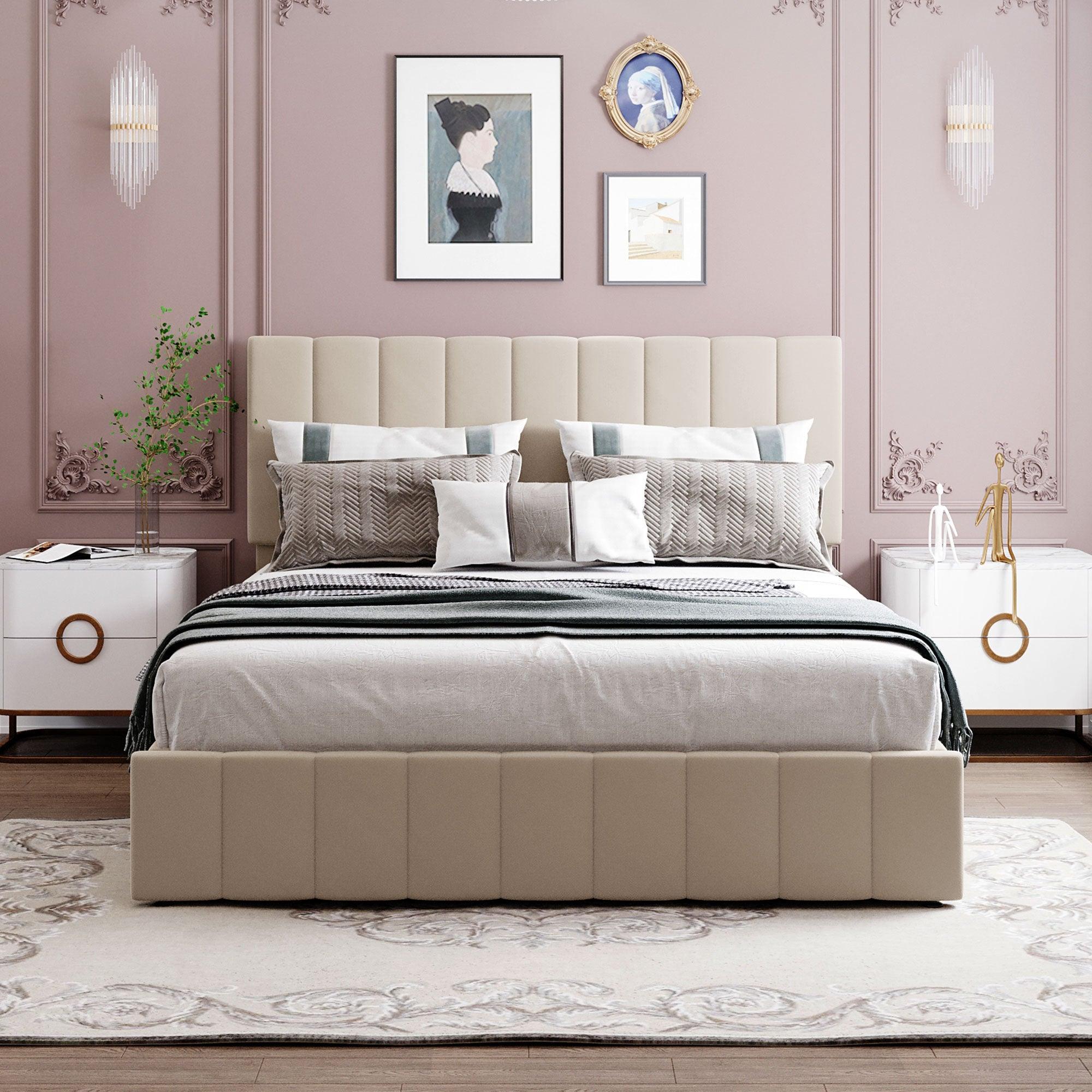 Queen size Upholstered Platform bed with a HydraulicStorage System - Beige