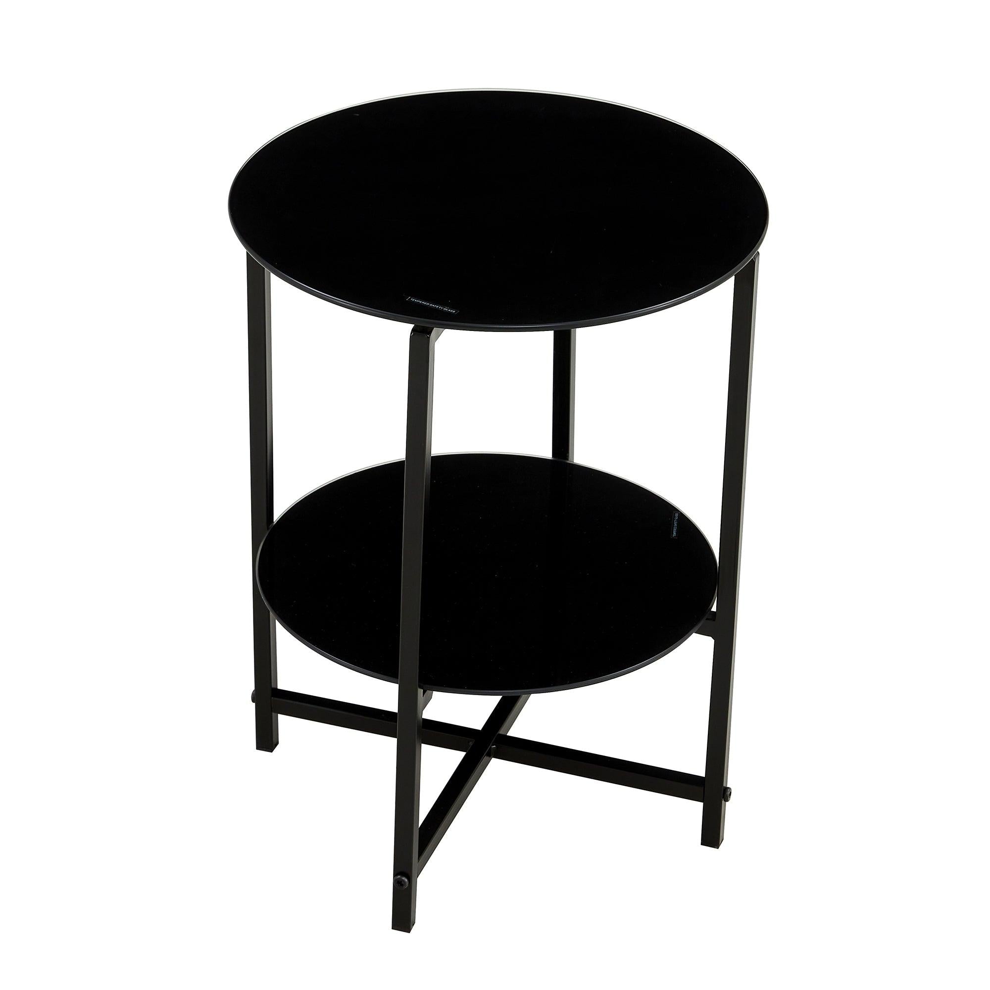 2- layer Tempered Glass End Table, Round Coffee Table for Bedroom Living Room Office (black)