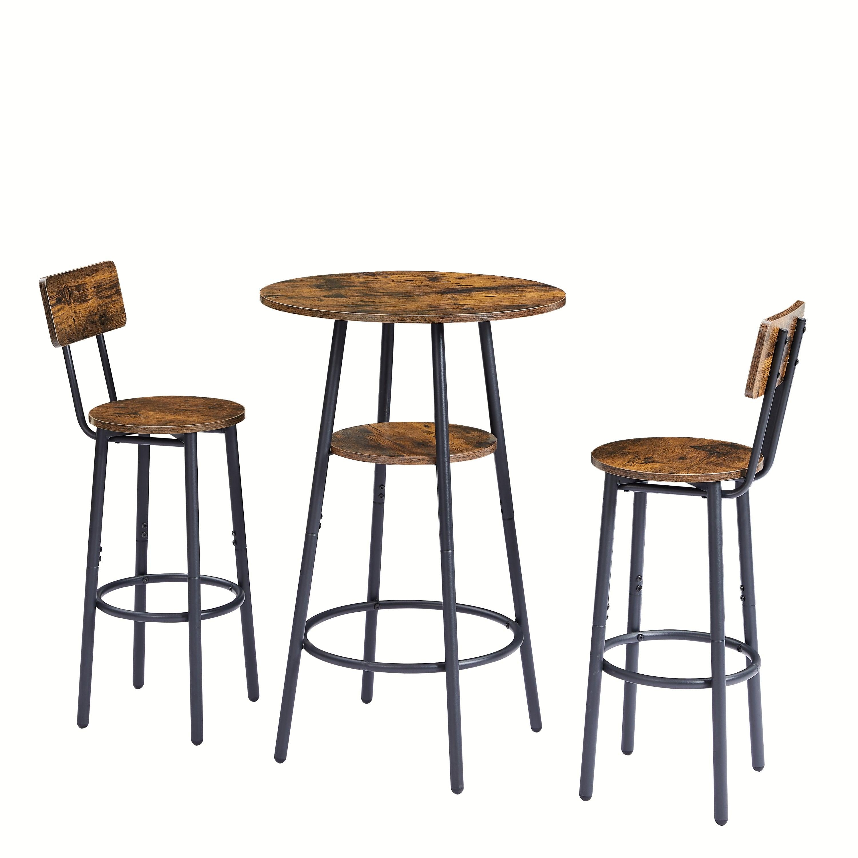 double -layer round bar table set 3PC breakfast table, including 2 back stools with back(Rustic Brown,23.62’’w x 23.62’’d x 35.43’’h)