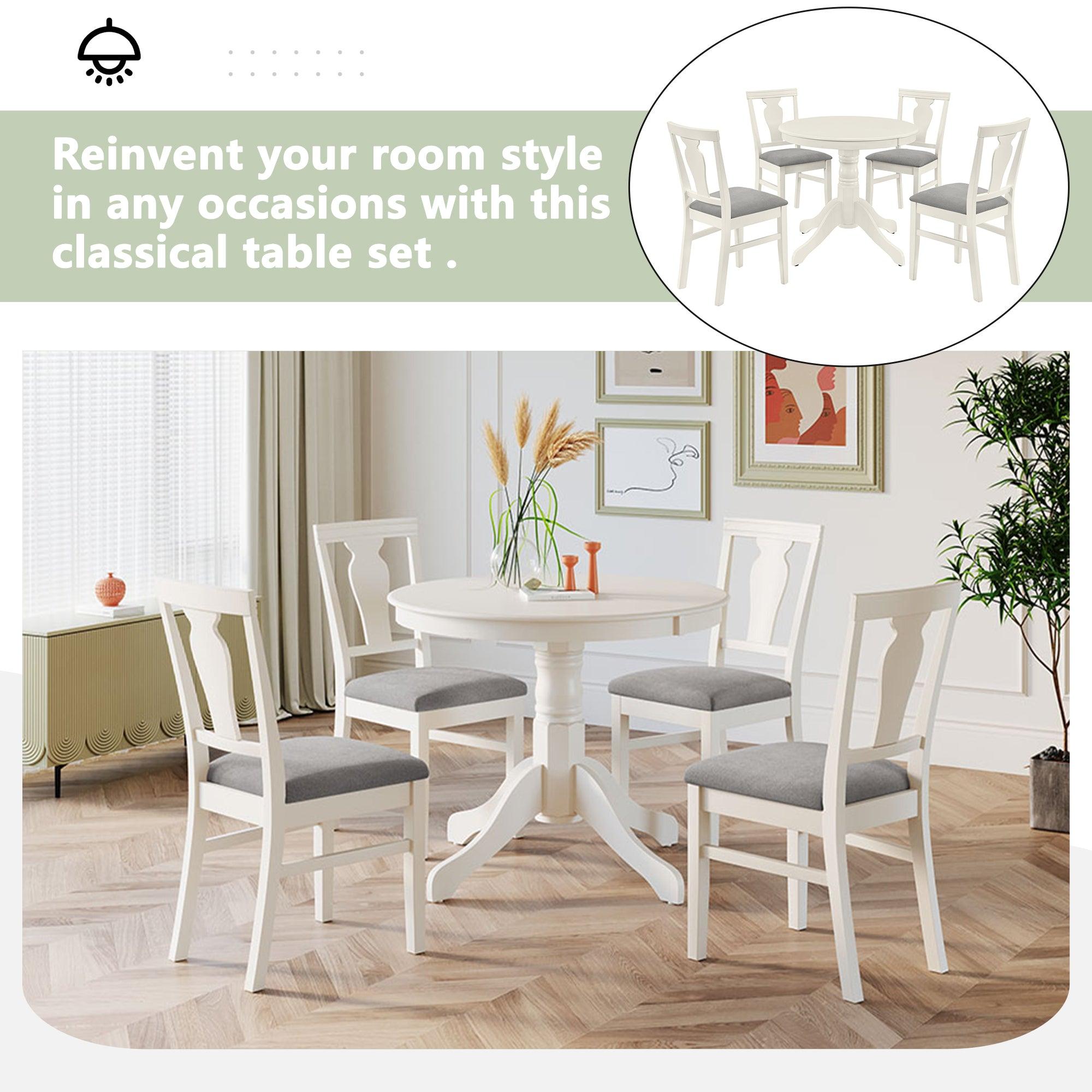 Mid-Century Wood 5-Piece Dining Table Set, Round Kitchen Set with 4 Upholstered Dining Chairs for Small Places, Cream White