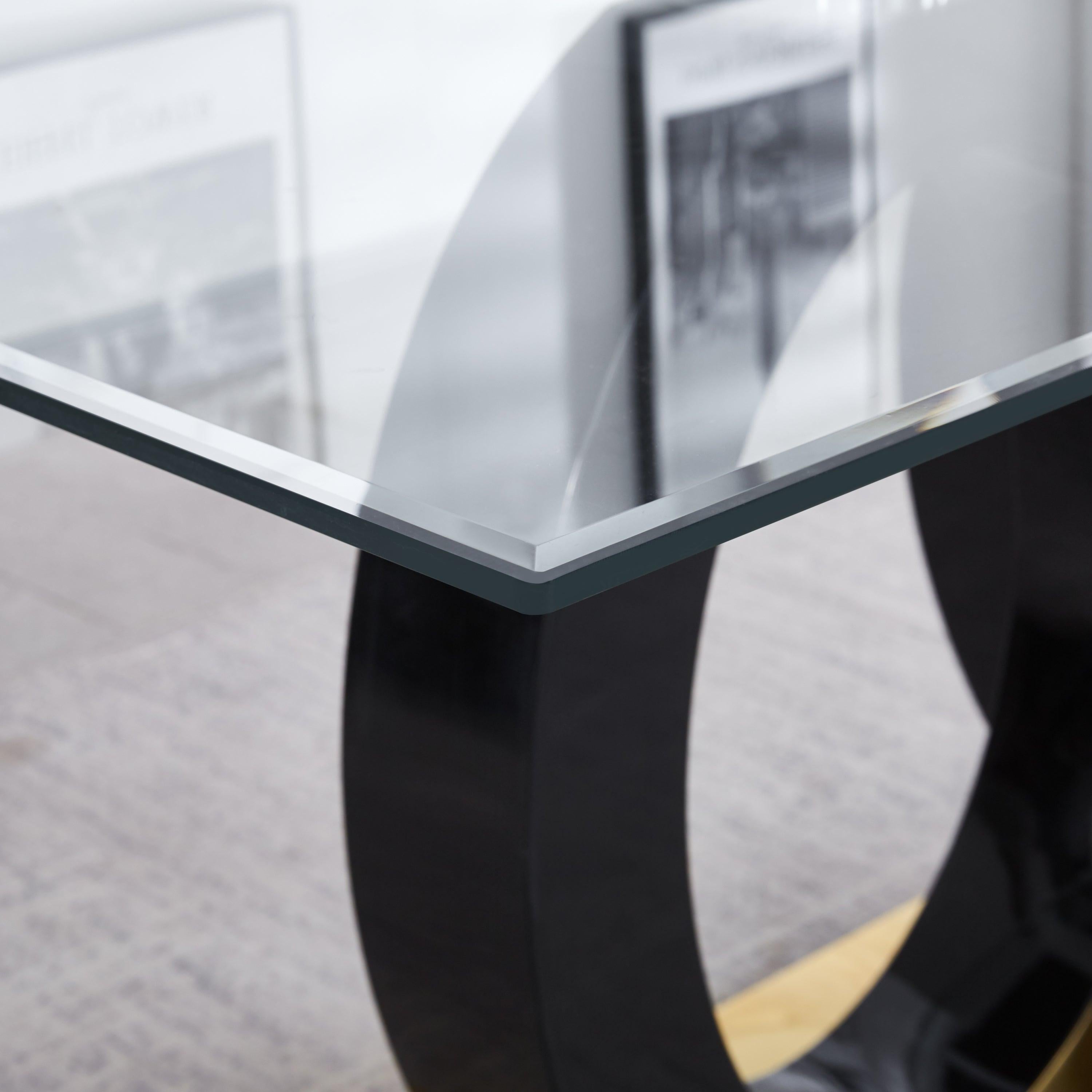 Contemporary Design Tempered Glass Dining Table with Black MDF Middle Support and Stainless Steel Base