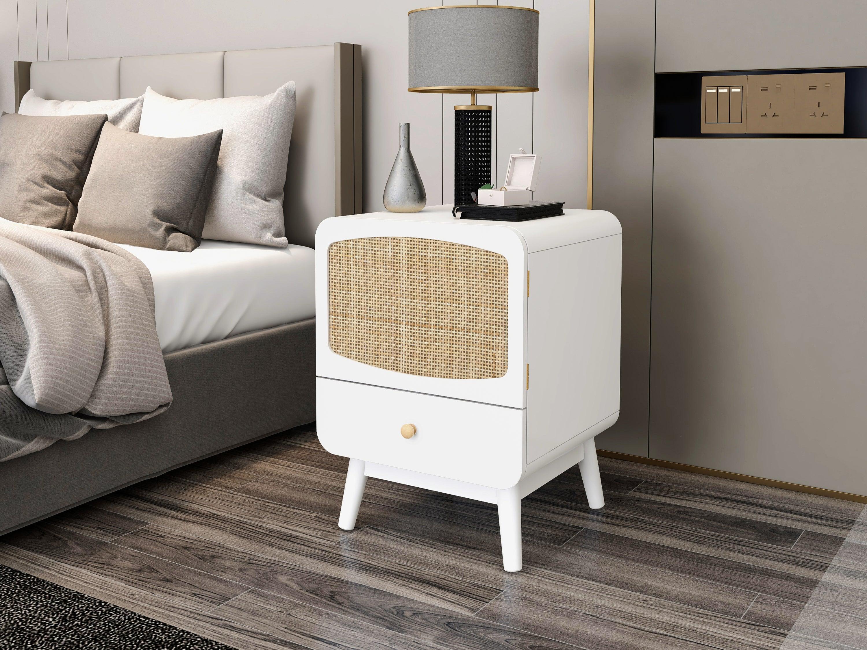 White Nightstand,  Bedside Table withStorage Drawe/ Rattan Door