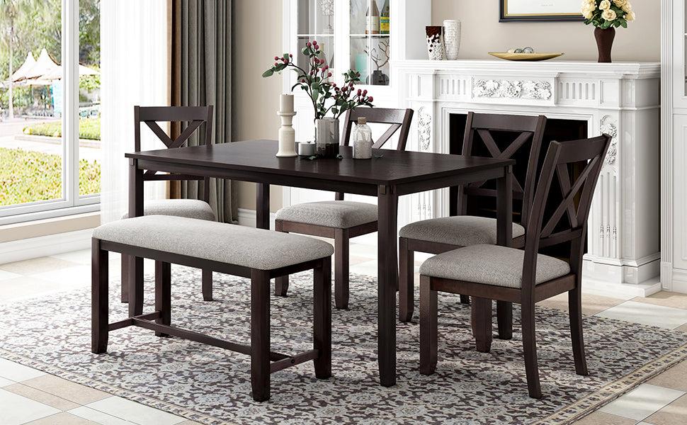 6-Piece Kitchen Dining Table Set Wooden Rectangular Dining Table, 4 Fabric Chairs and Bench Family Furniture (Espresso)