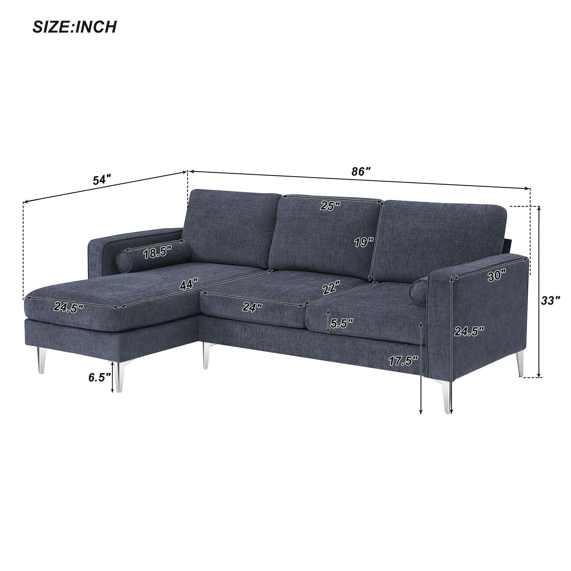 86" Convertible Sectional Sofa,Modern Chenille Fabric Sectional Sofa,  L-Shaped Couch 3-Seat Sofa Sectional with Reversible Chaise (2 Pillows)